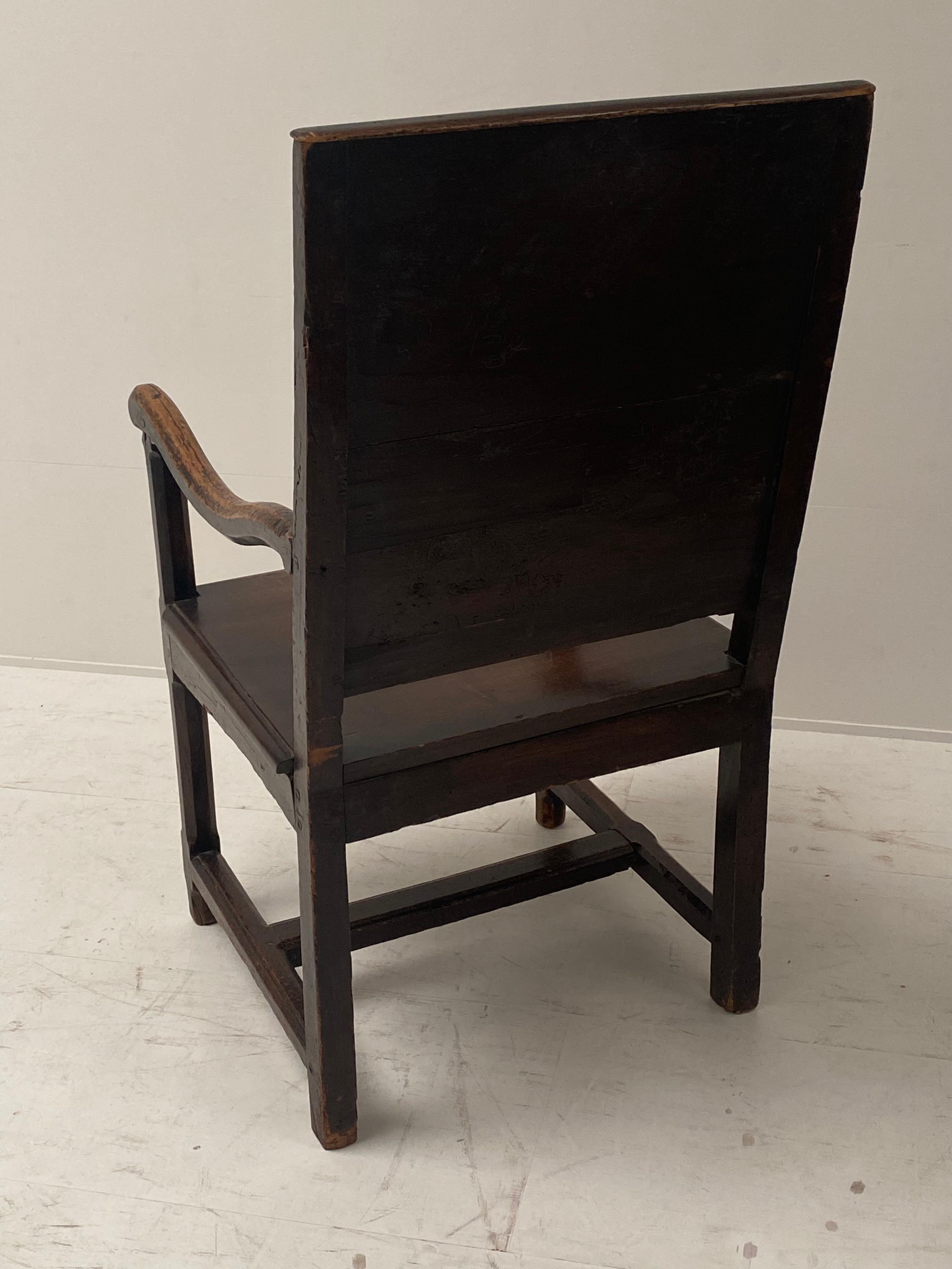 Polished Antique English Wooden Folk Art  Chair with carved back, 17th Century For Sale