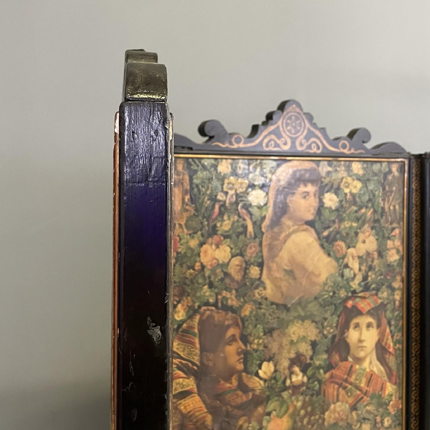 English wooden screen with portraits and floral collage, 1800s For Sale 5