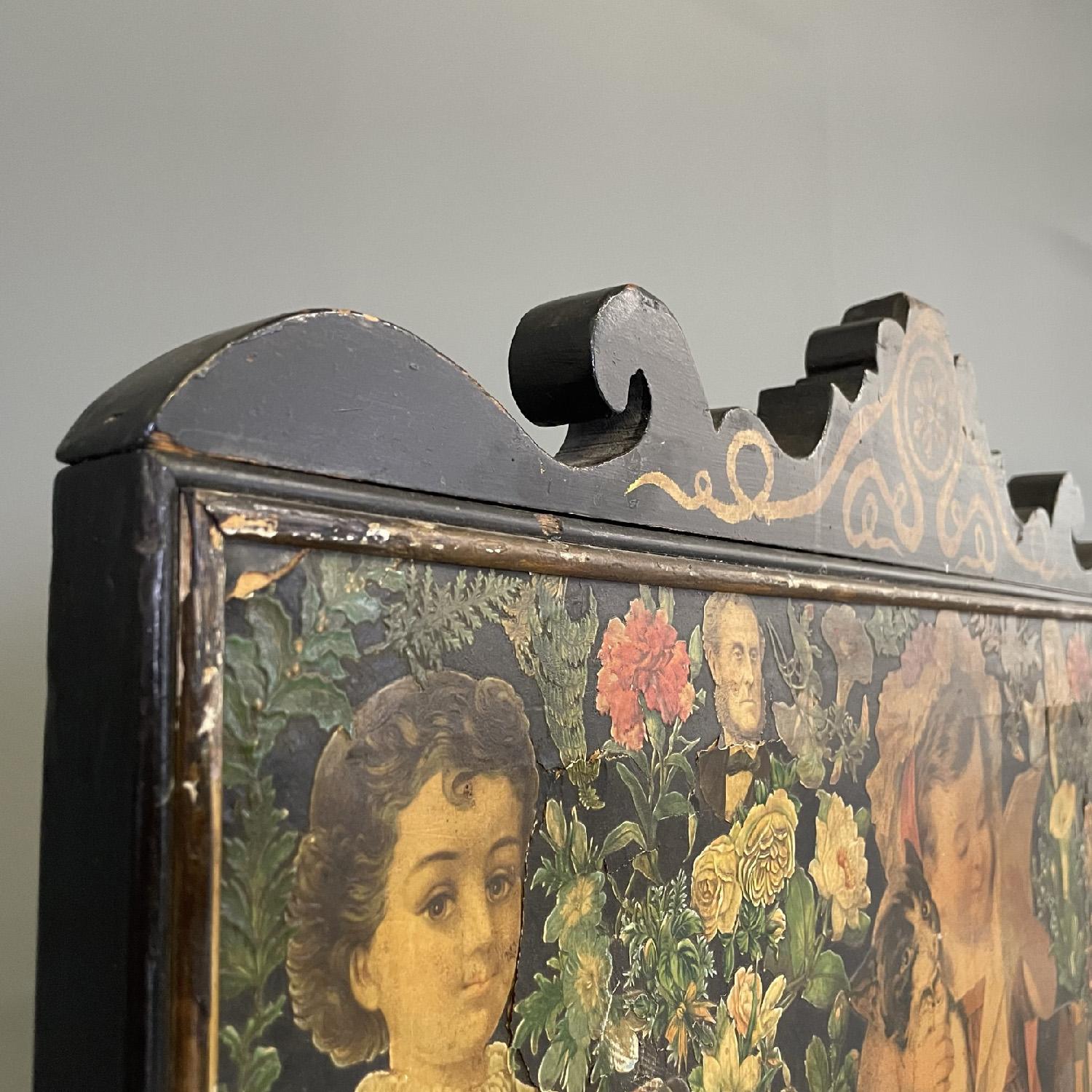 English wooden screen with portraits and floral collage, 1800s For Sale 6