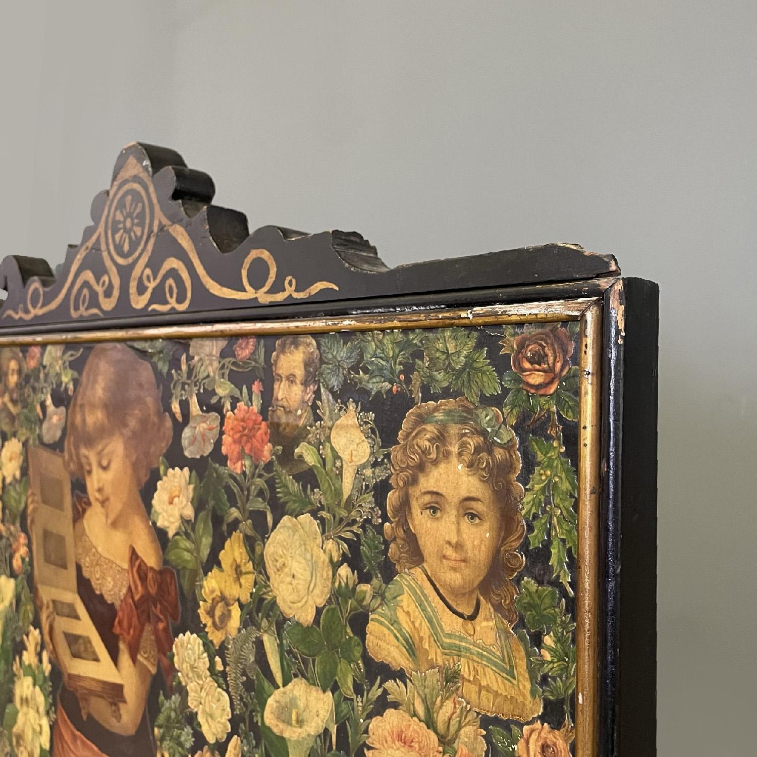English wooden screen with portraits and floral collage, 1800s For Sale 7