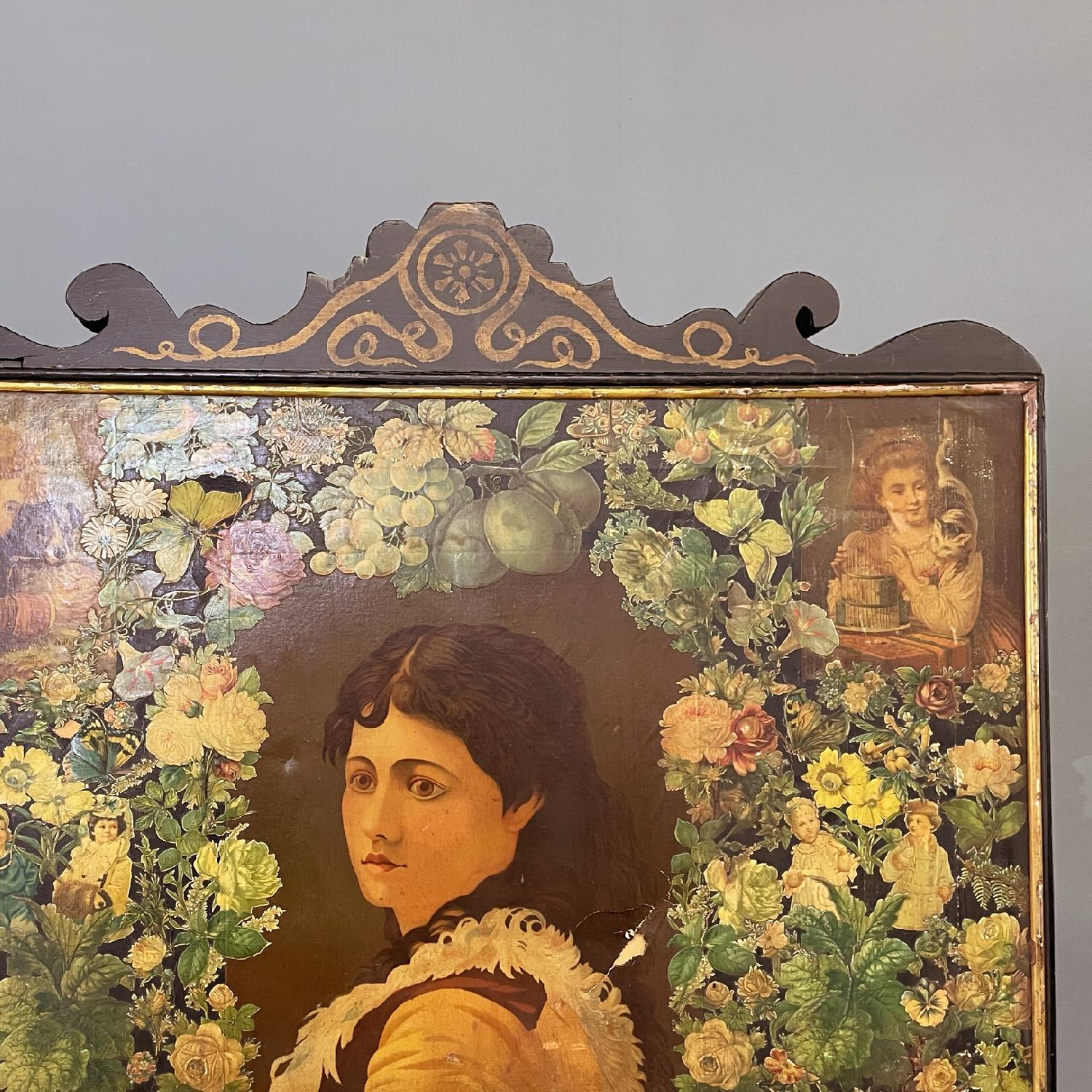 English wooden screen with portraits and floral collage, 1800s For Sale 8