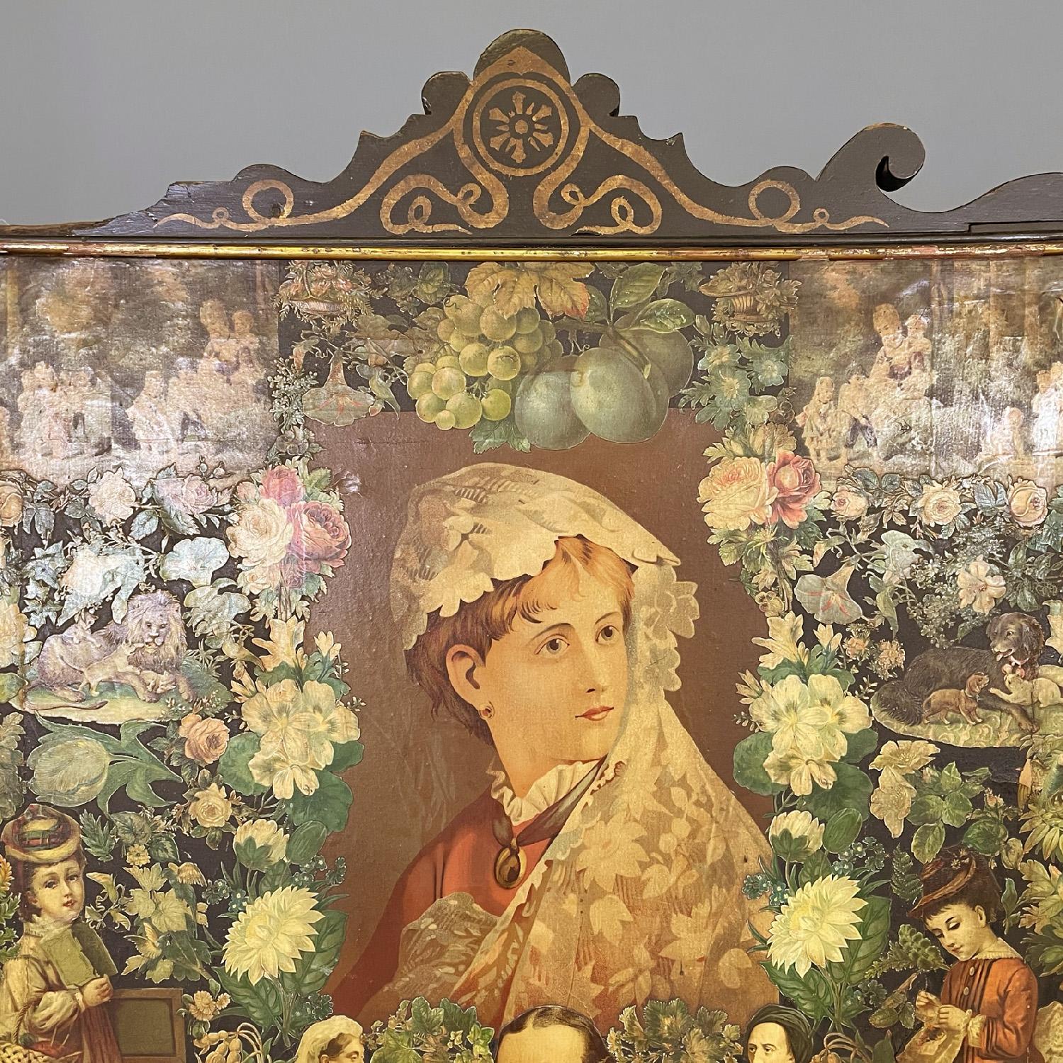 English wooden screen with portraits and floral collage, 1800s For Sale 9