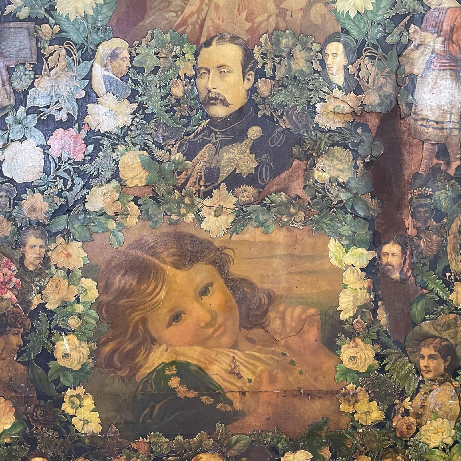English wooden screen with portraits and floral collage, 1800s For Sale 11