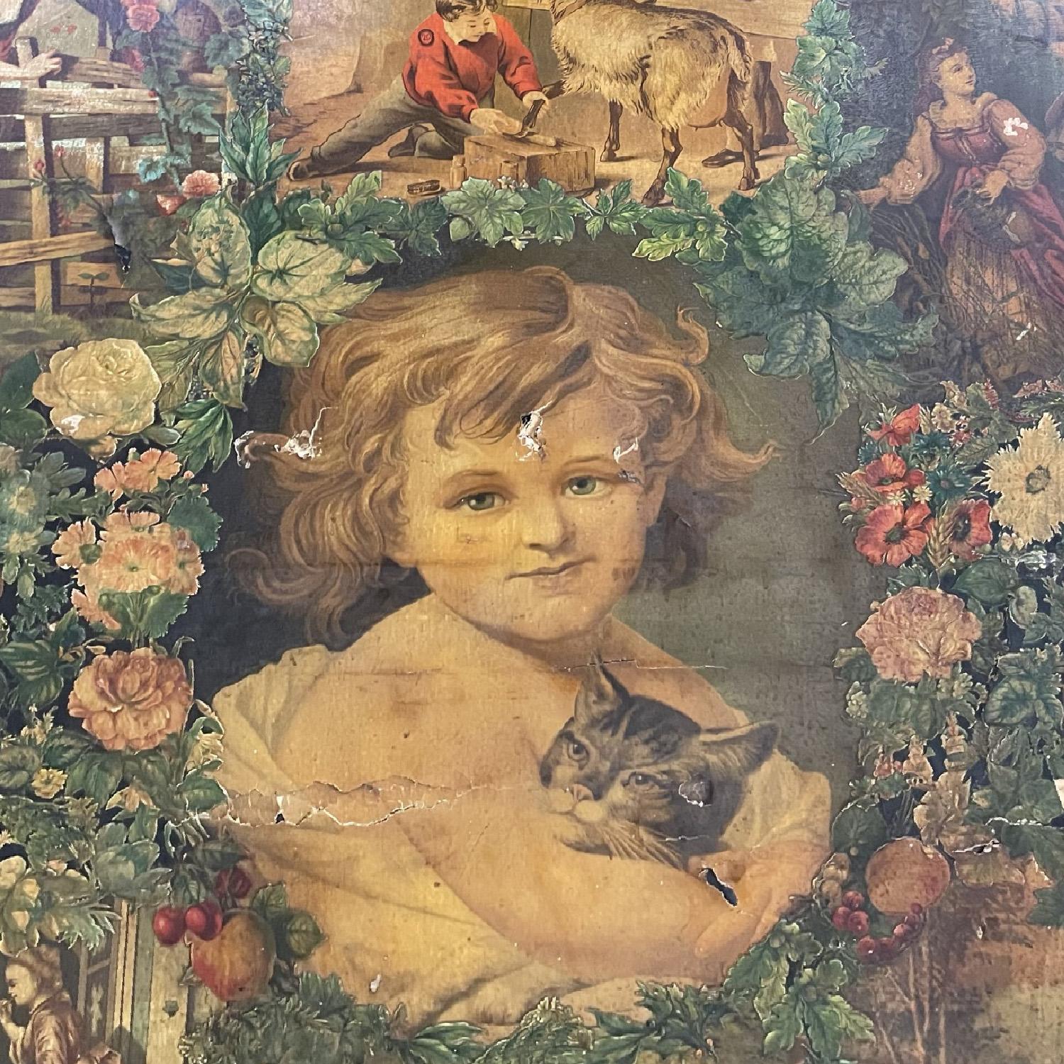 Paravent anglais en bois avec portraits et collage floral, années 1800 en vente 11