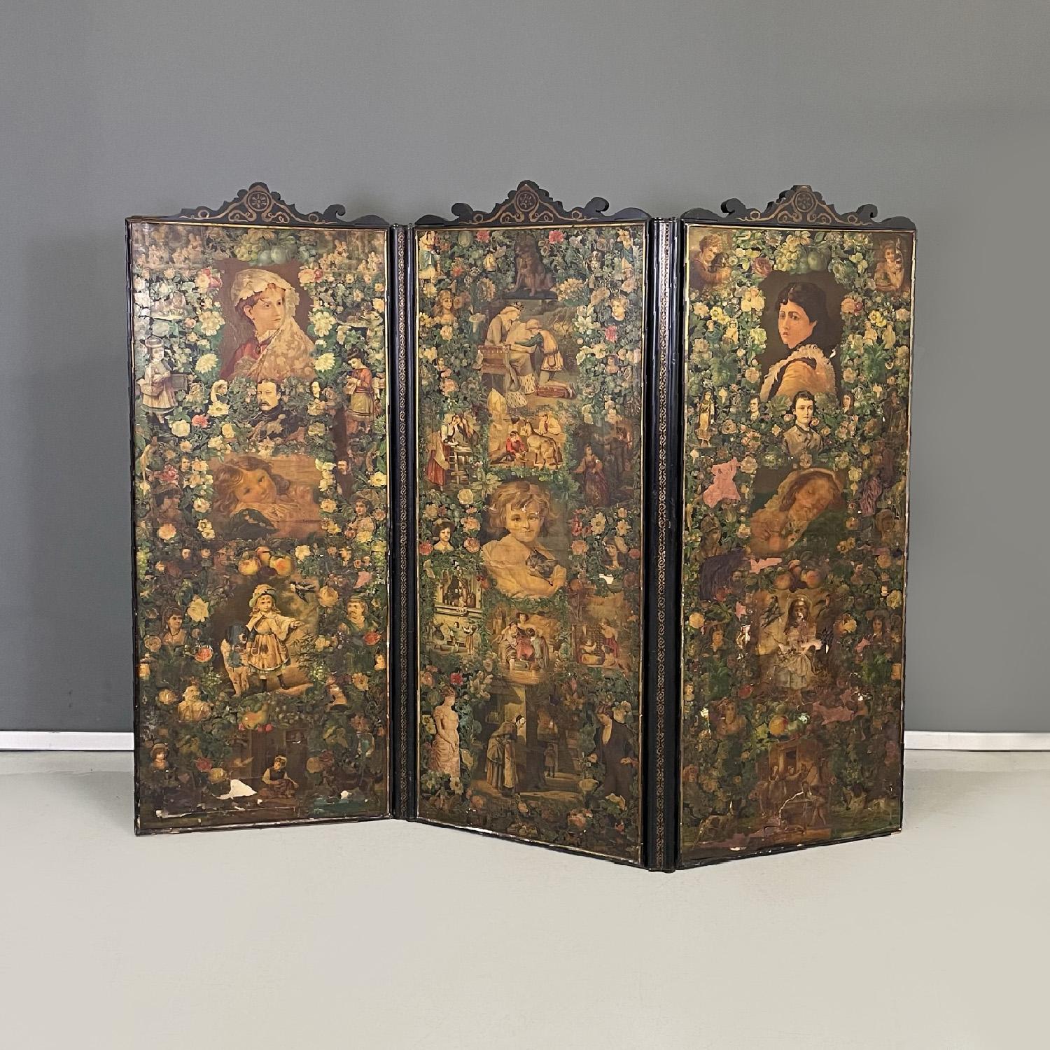Englischer Holzschirm mit Porträts und Blumenkollage, 1800er Jahre
Dreitüriger Paravent mit Holzstruktur und vollständig mit der Technik der Collage dekoriert. Auf jeder Seite sind florale Motive zu sehen, die Büsten und Figuren von adligen oder