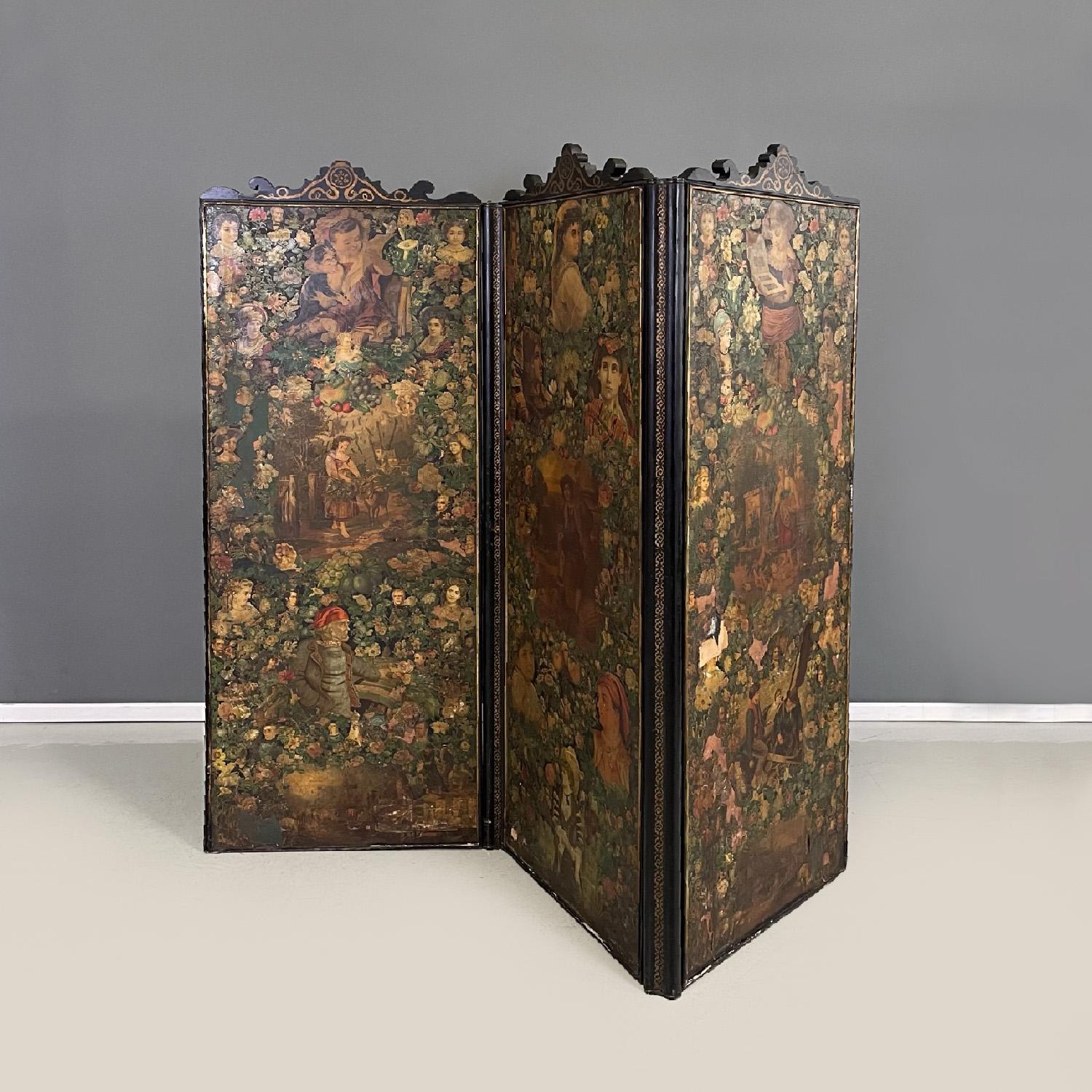 English wooden screen with portraits and floral collage, 1800s In Distressed Condition For Sale In MIlano, IT