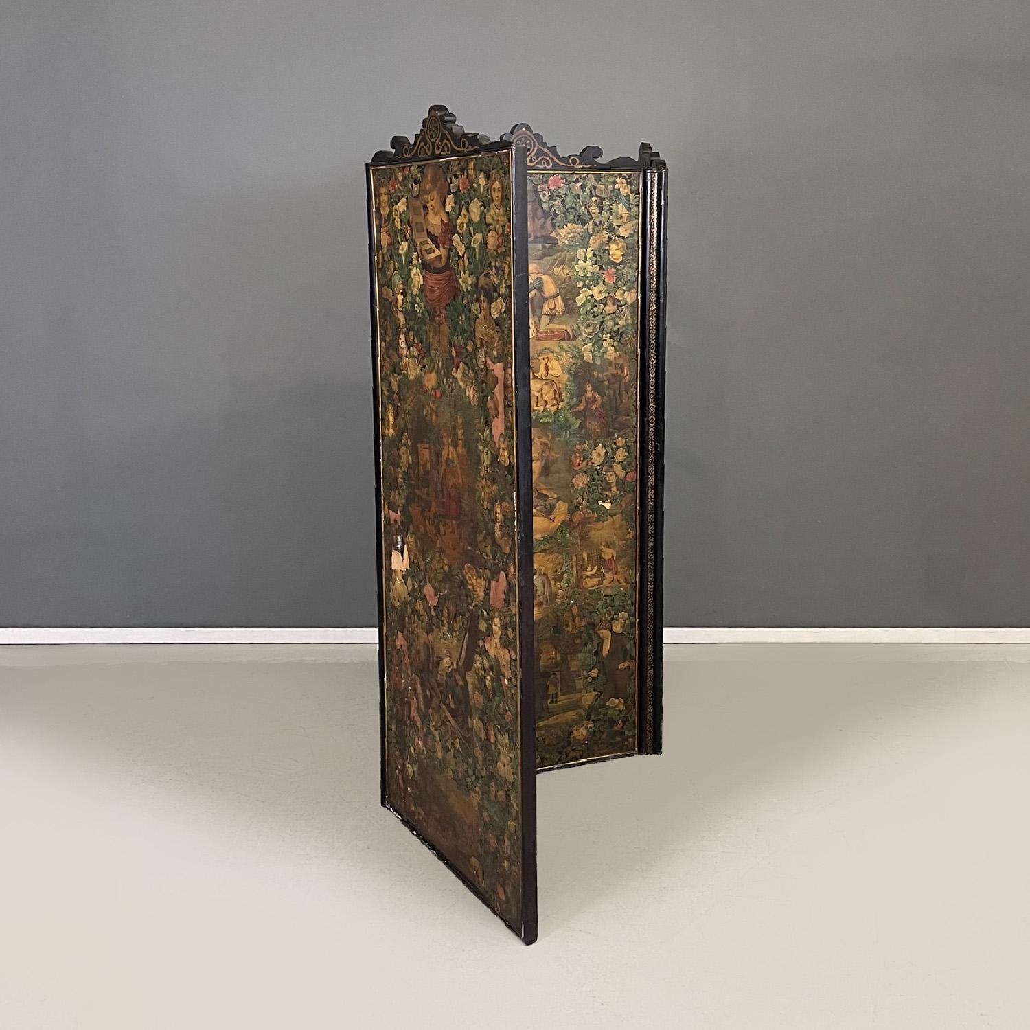19th Century English wooden screen with portraits and floral collage, 1800s For Sale