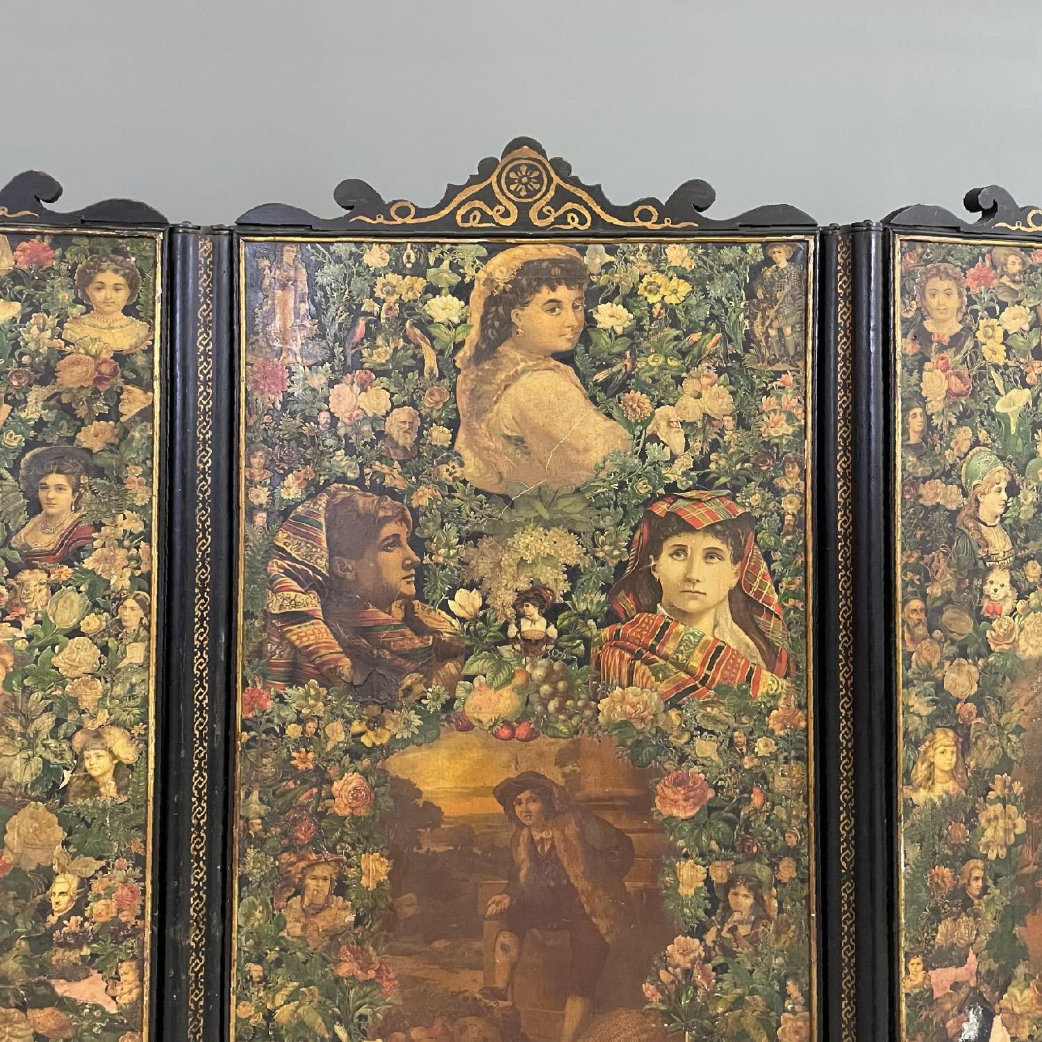 19th Century Paravent anglais en bois avec portraits et collage floral, années 1800 en vente