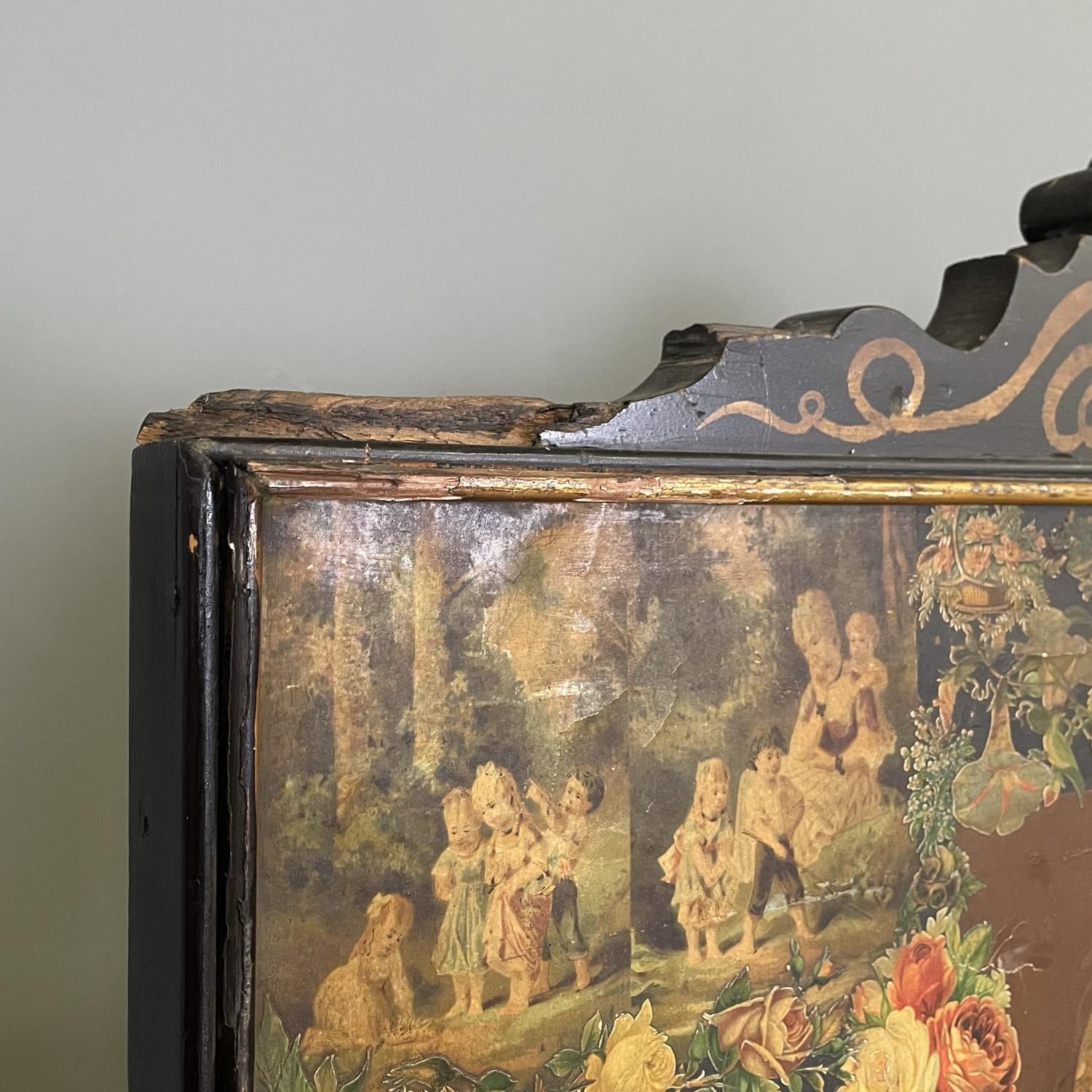 Paravent anglais en bois avec portraits et collage floral, années 1800 en vente 3