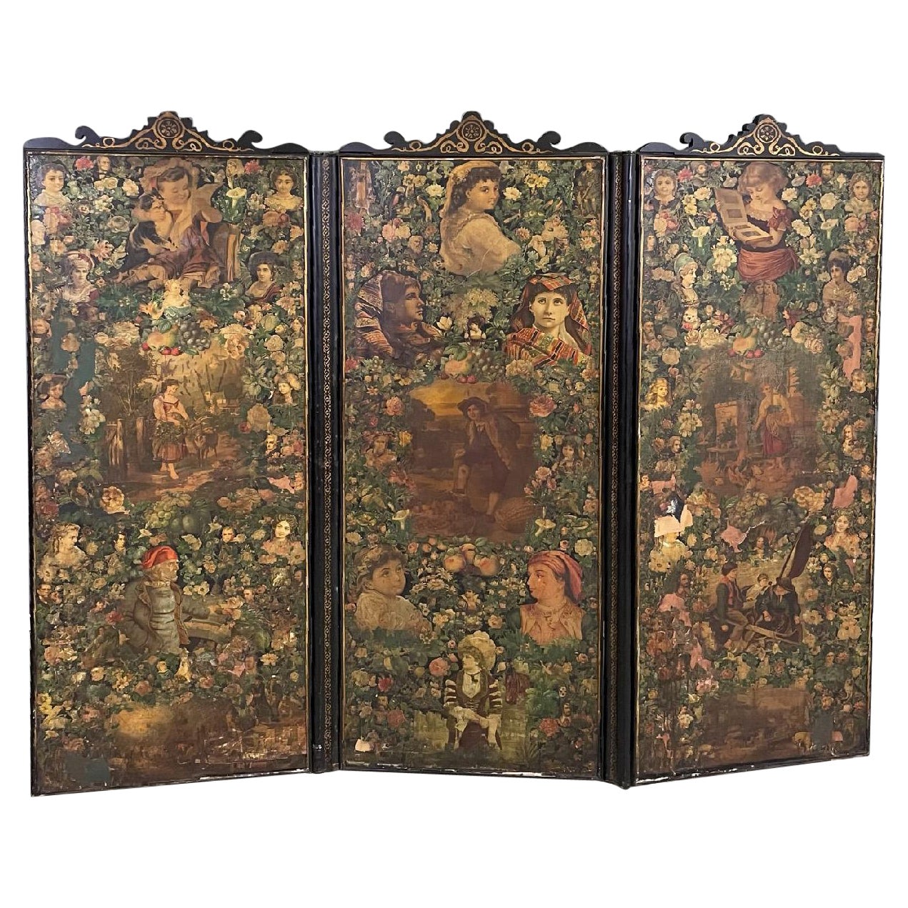 Paravent anglais en bois avec portraits et collage floral, années 1800