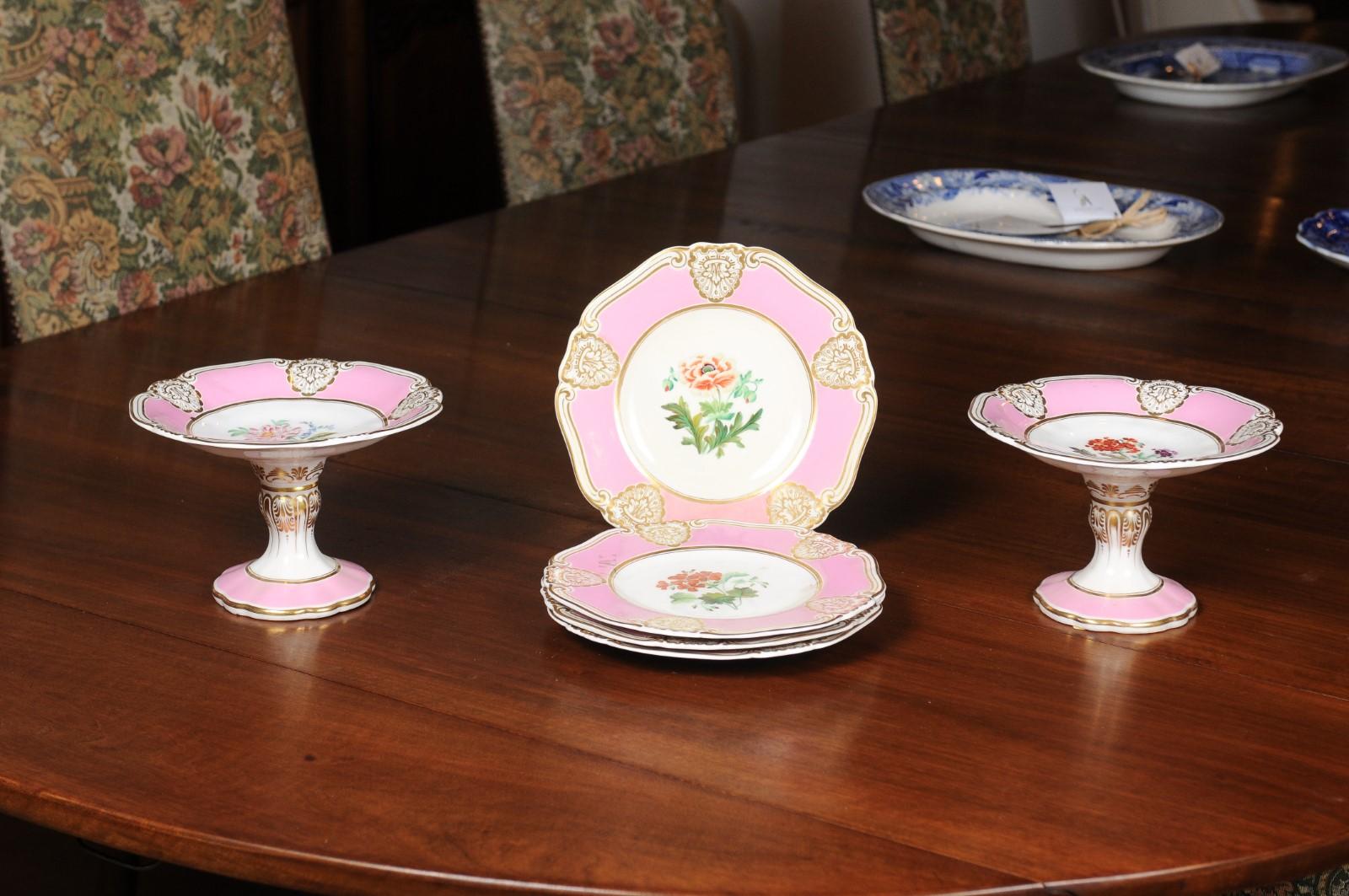 English George Grainger and Worcester Co. pink and white compotes from the late 19th century, with gilt accents and floral décor. They are priced and sold individually. Born in England during the last quarter of the 19th century, each of these items
