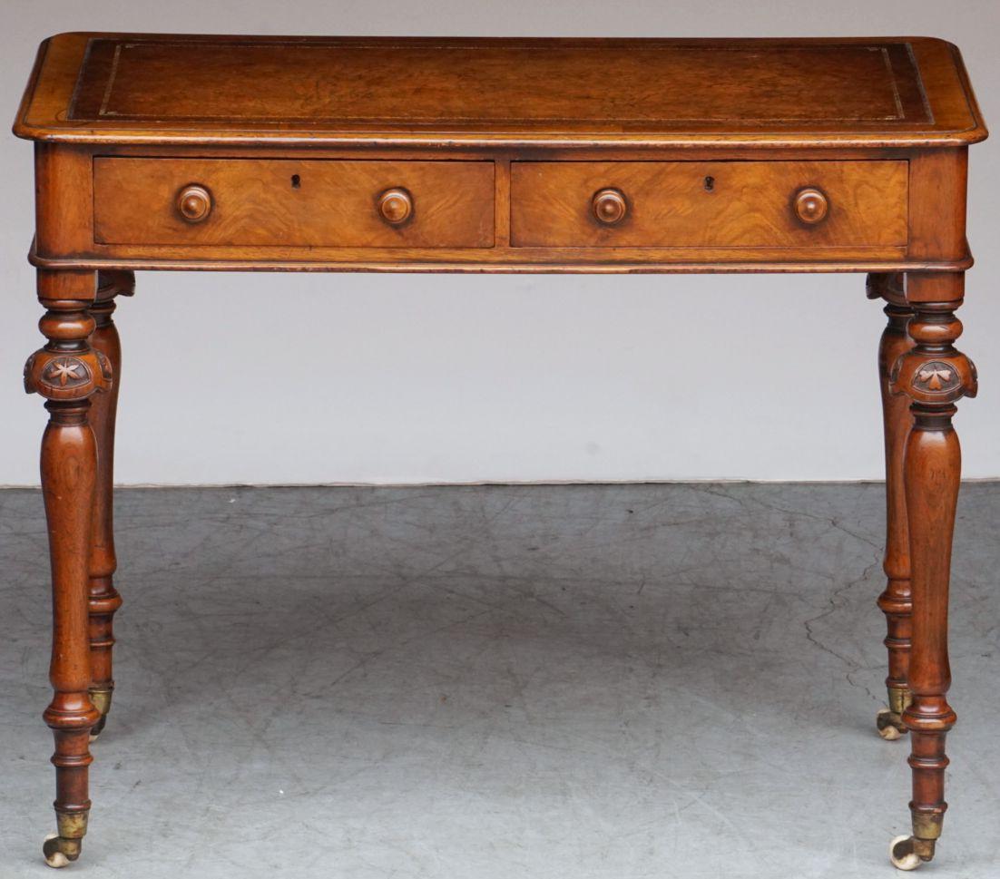 Turned English Writing Desk or Table of Mahogany with Leather Top from the 19th Century