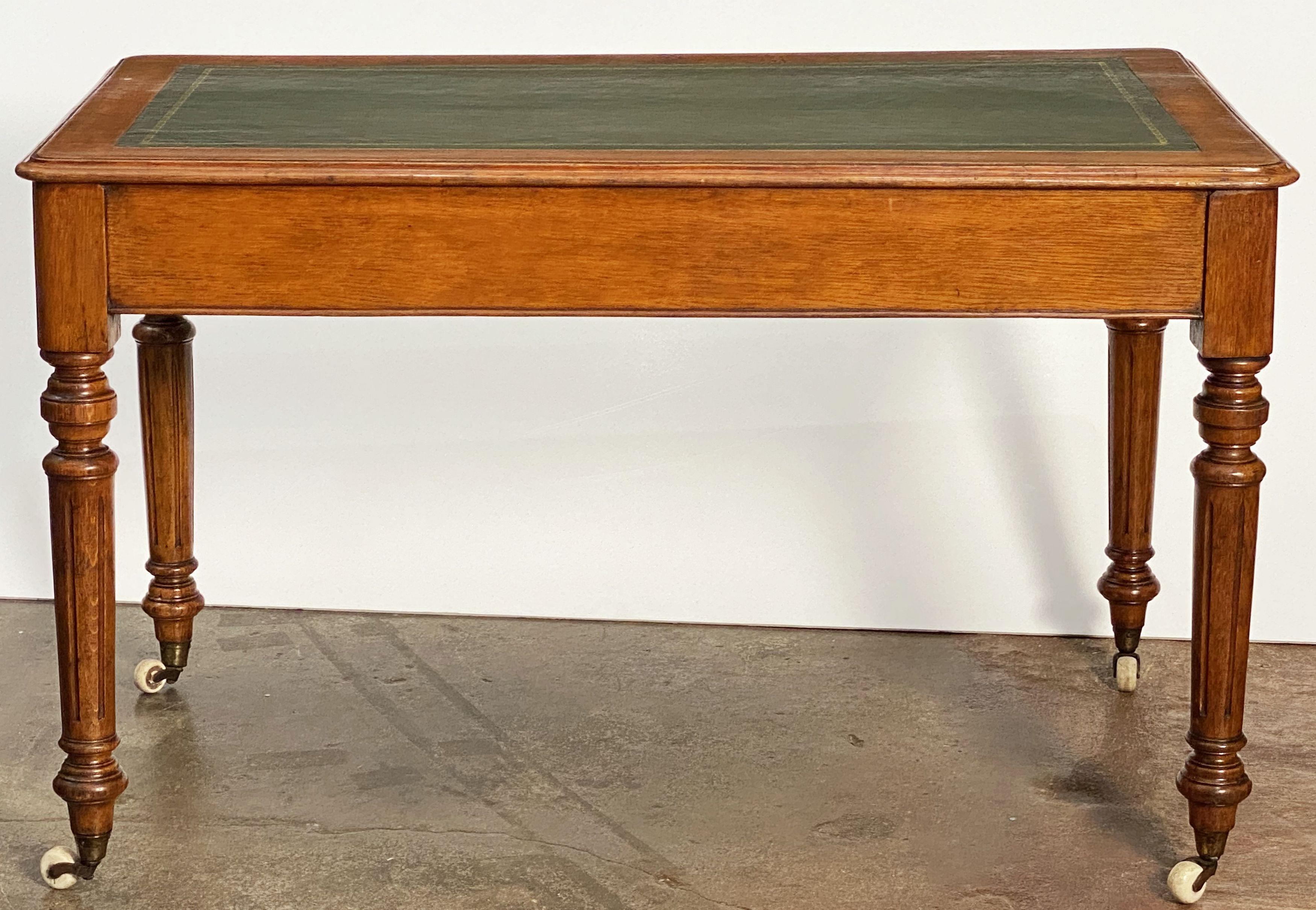English Writing Desk or Table of Oak with Embossed Leather Top 14