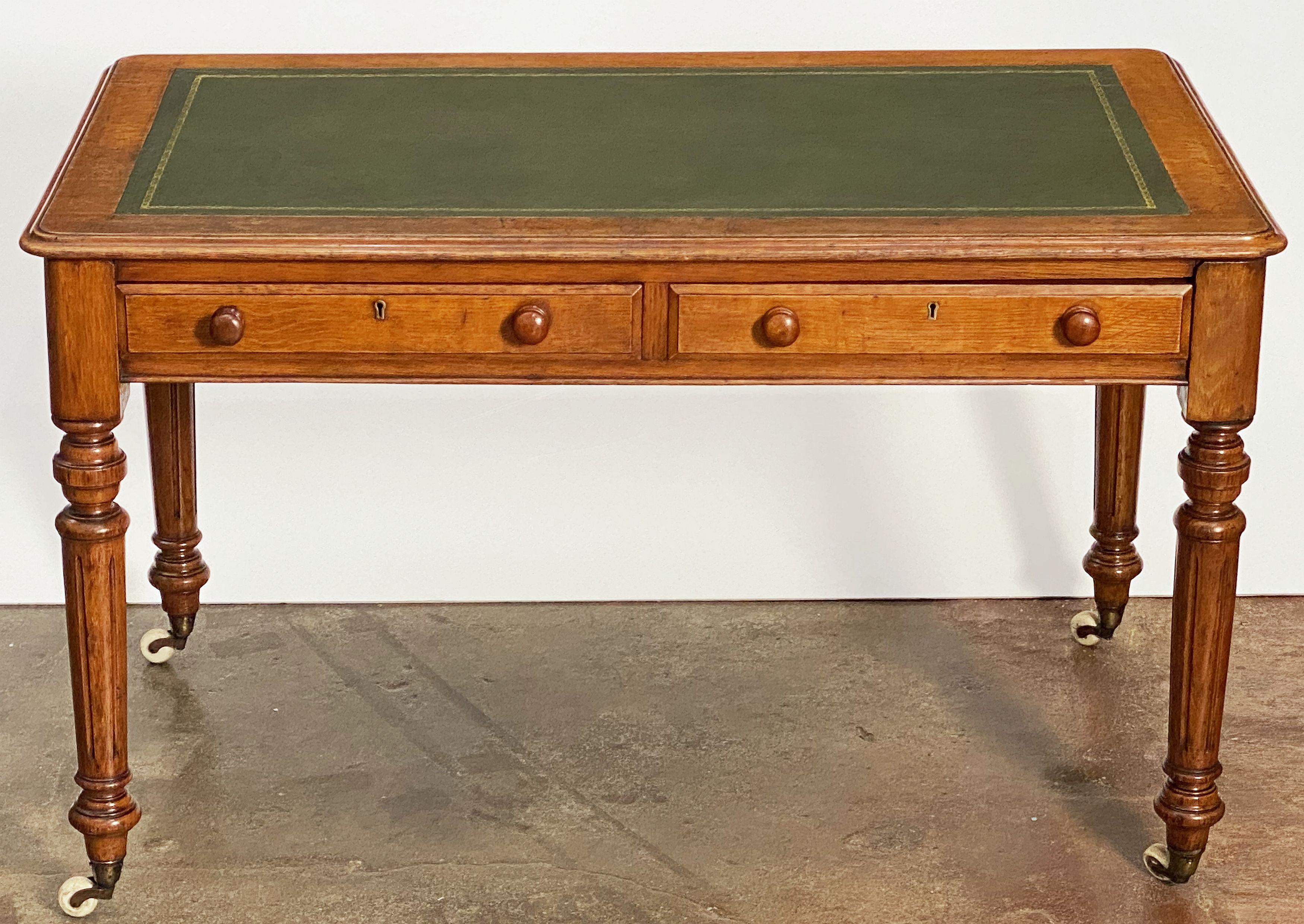 19th Century English Writing Desk or Table of Oak with Embossed Leather Top