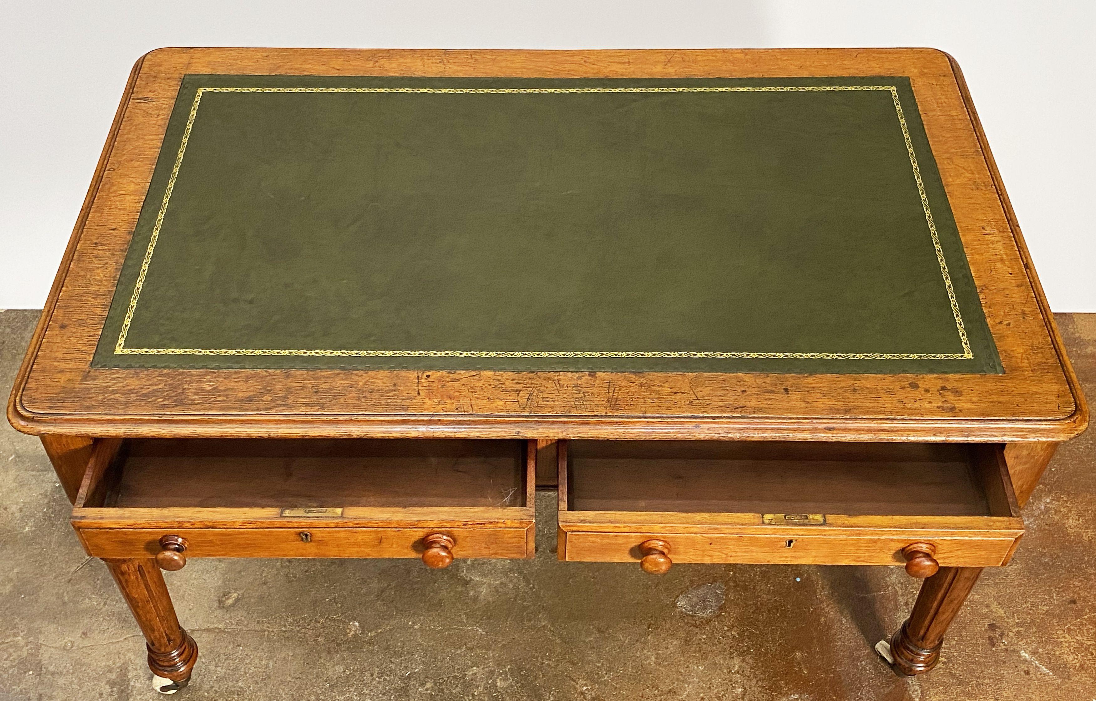 Ceramic English Writing Desk or Table of Oak with Embossed Leather Top