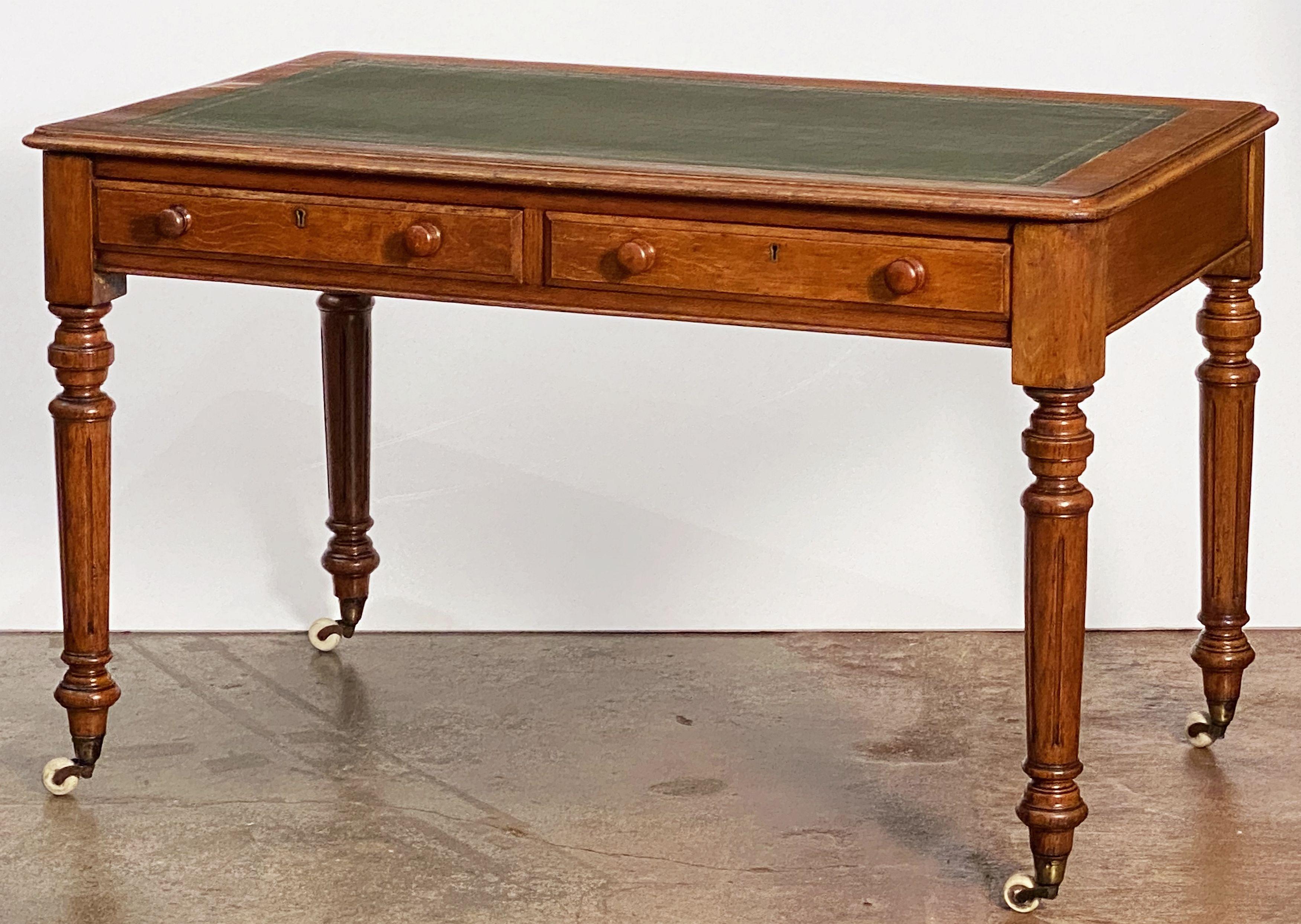 English Writing Desk or Table of Oak with Embossed Leather Top 2