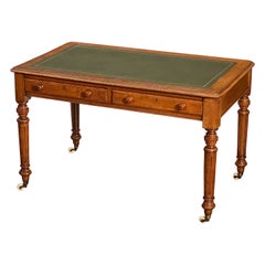 Antique English Writing Desk or Table of Oak with Embossed Leather Top