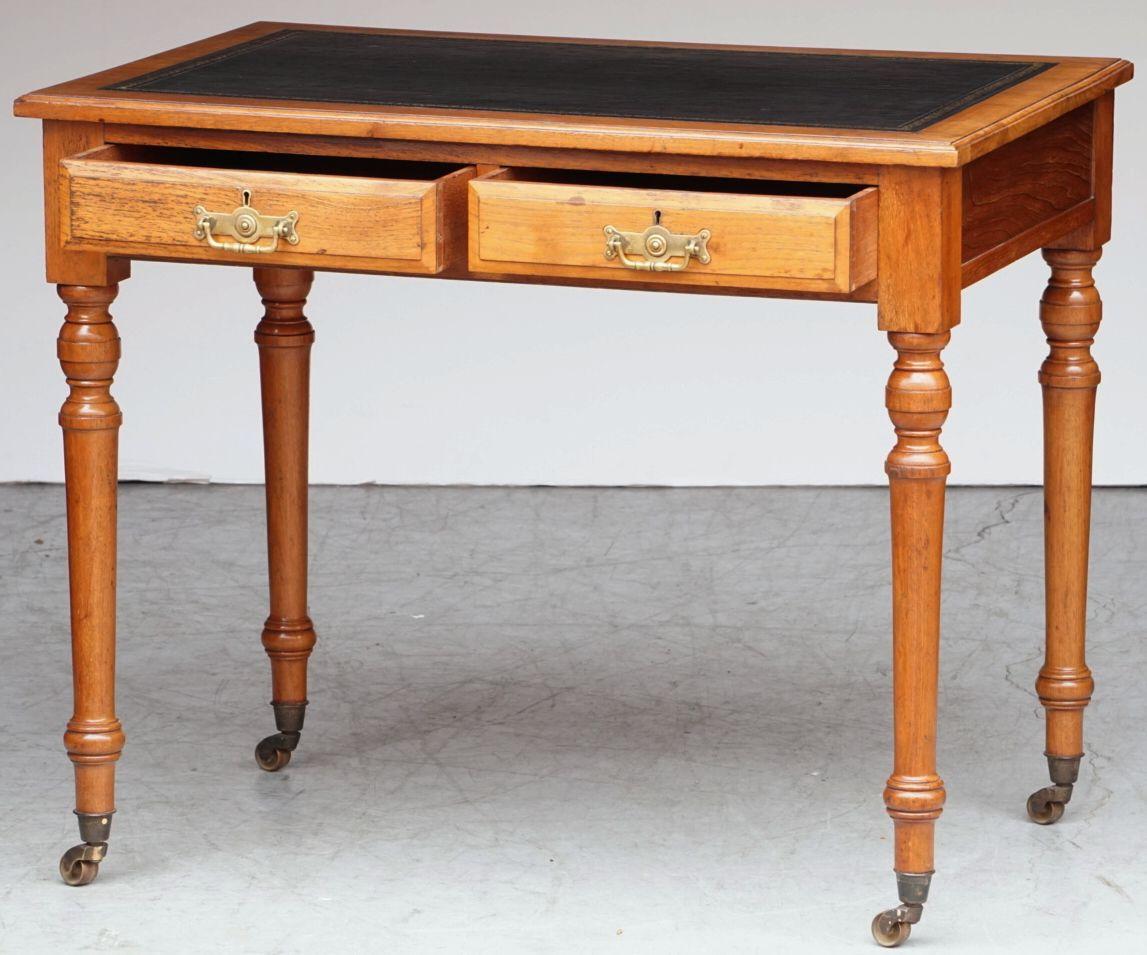 English Writing Desk or Table of Walnut with Embossed Black Leather Top 7