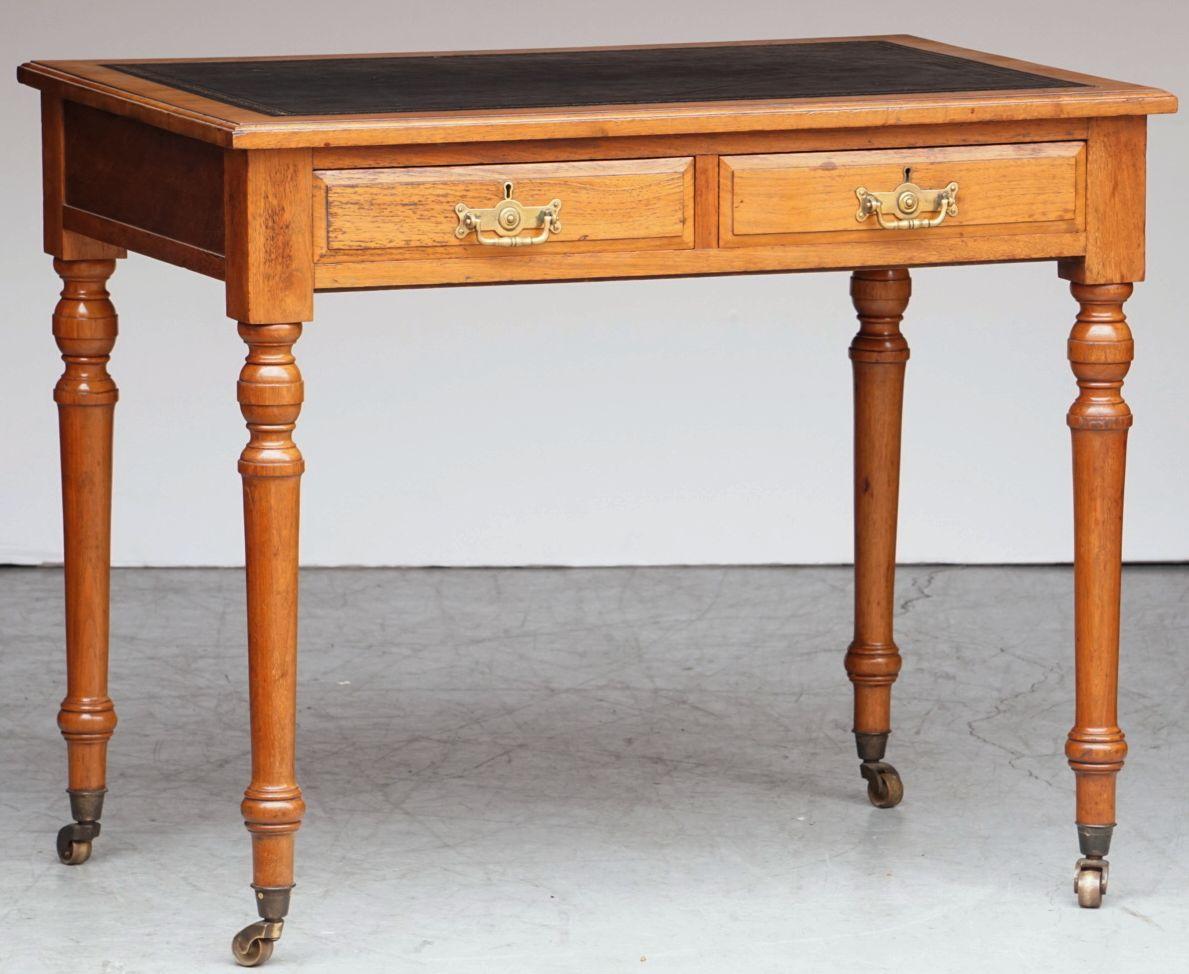 English Writing Desk or Table of Walnut with Embossed Black Leather Top 9