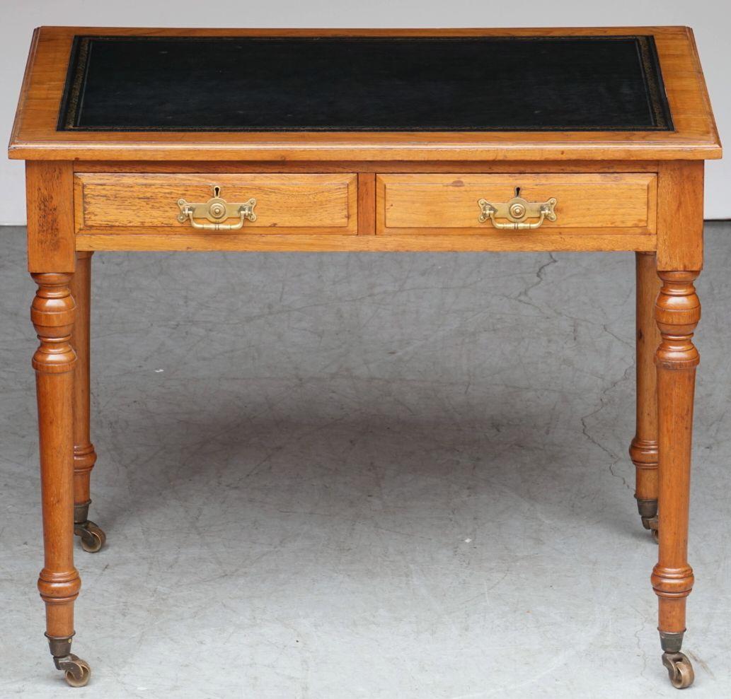 English Writing Desk or Table of Walnut with Embossed Black Leather Top 1