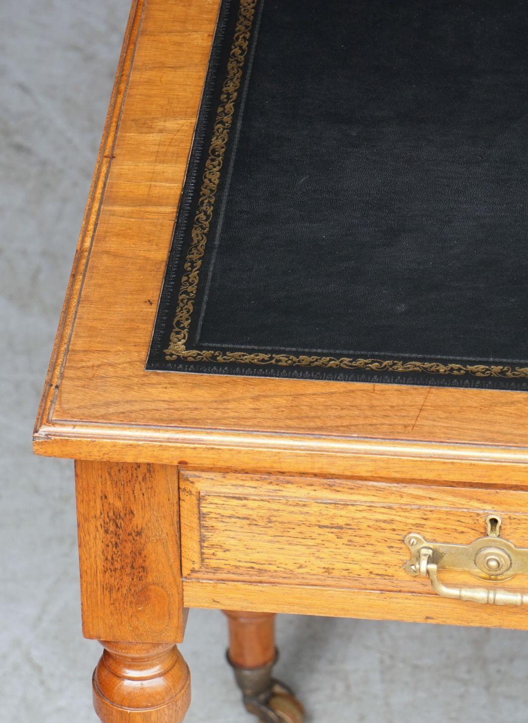 English Writing Desk or Table of Walnut with Embossed Black Leather Top 3