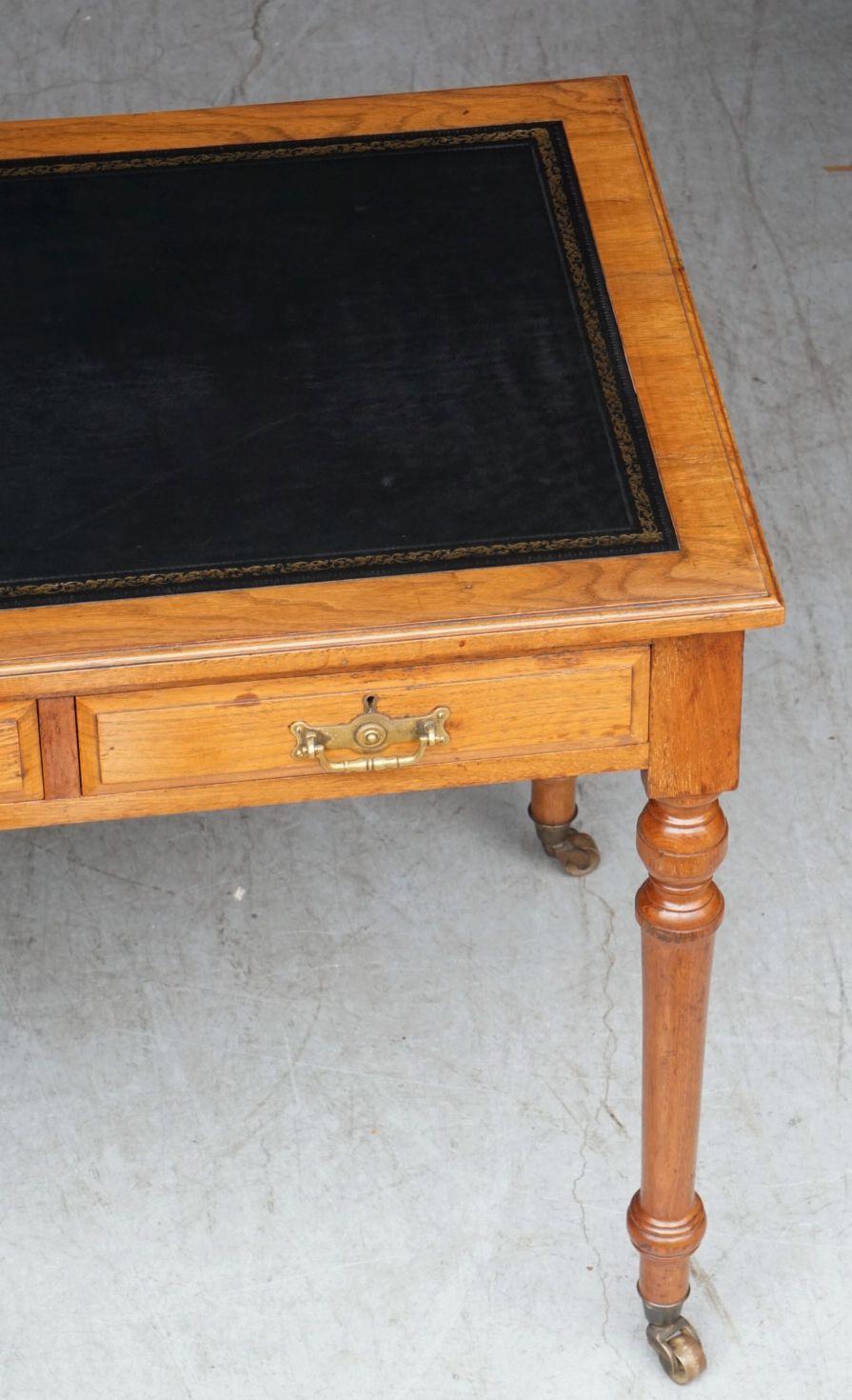 English Writing Desk or Table of Walnut with Embossed Black Leather Top 4