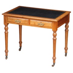 English Writing Desk or Table of Walnut with Embossed Black Leather Top