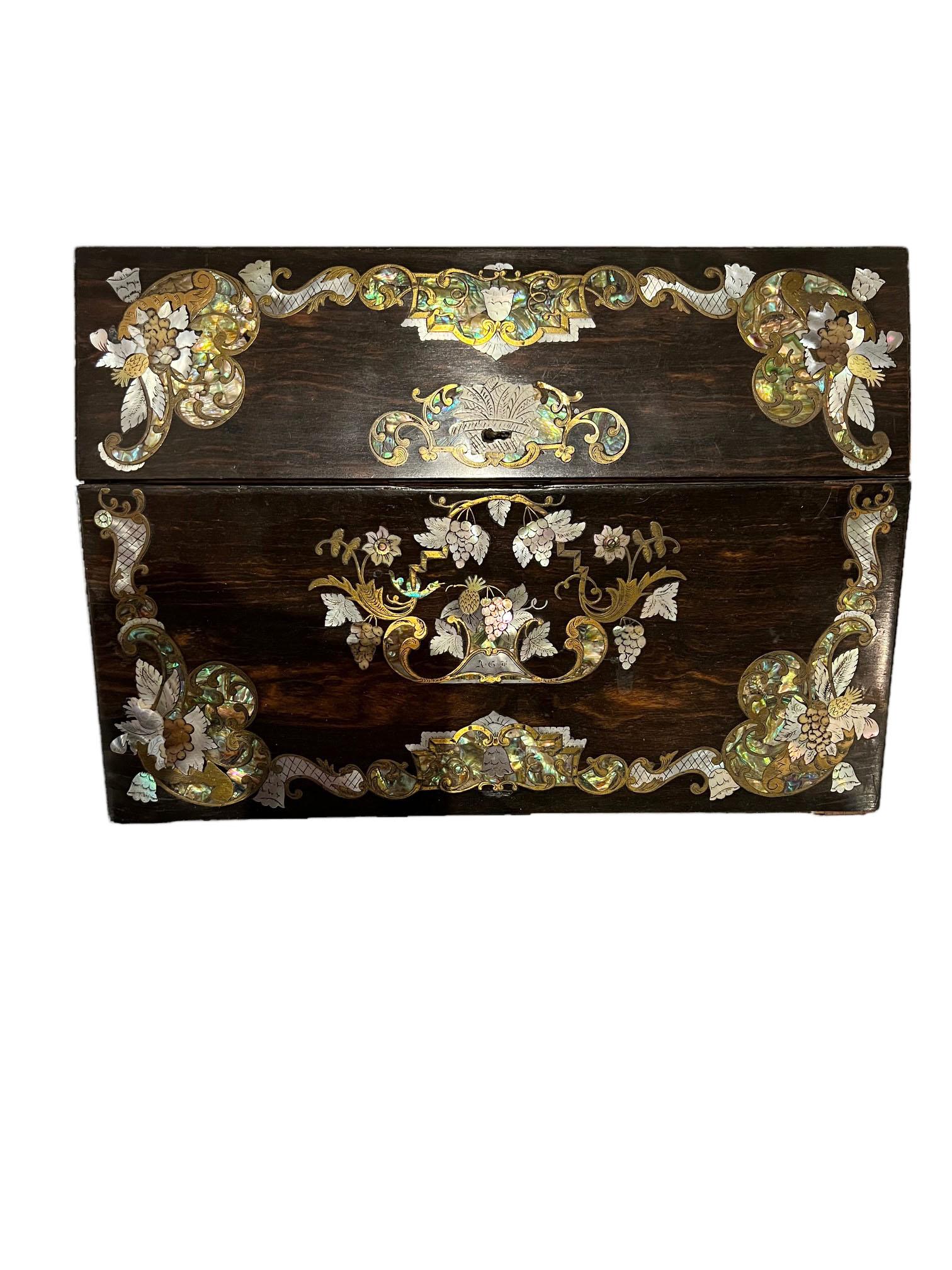 Leather English Writing Desk With Mother Of Pearl And Abalone For Sale