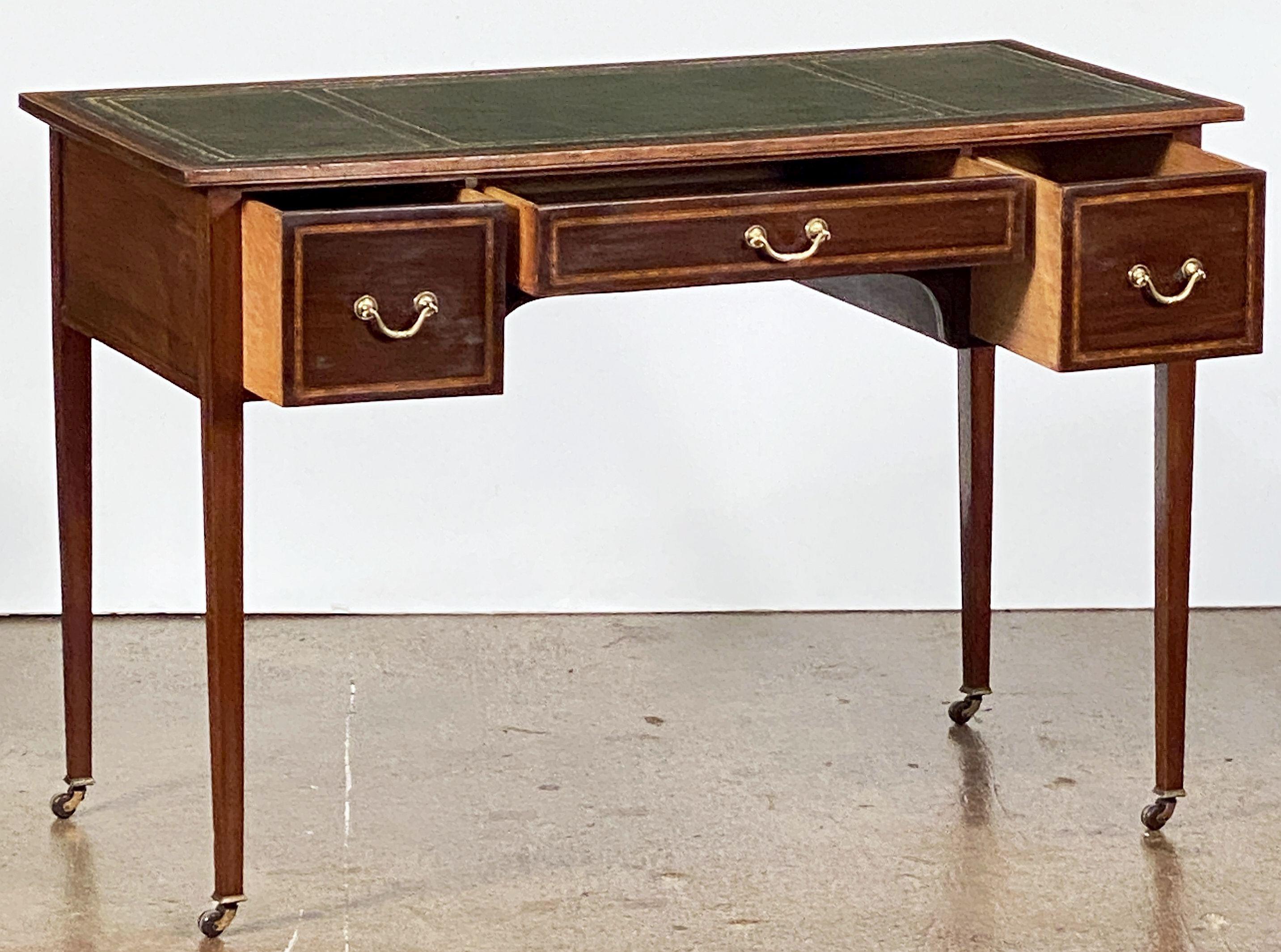 19th Century English Writing Table or Desk of Inlaid Mahogany with Embossed Leather Top