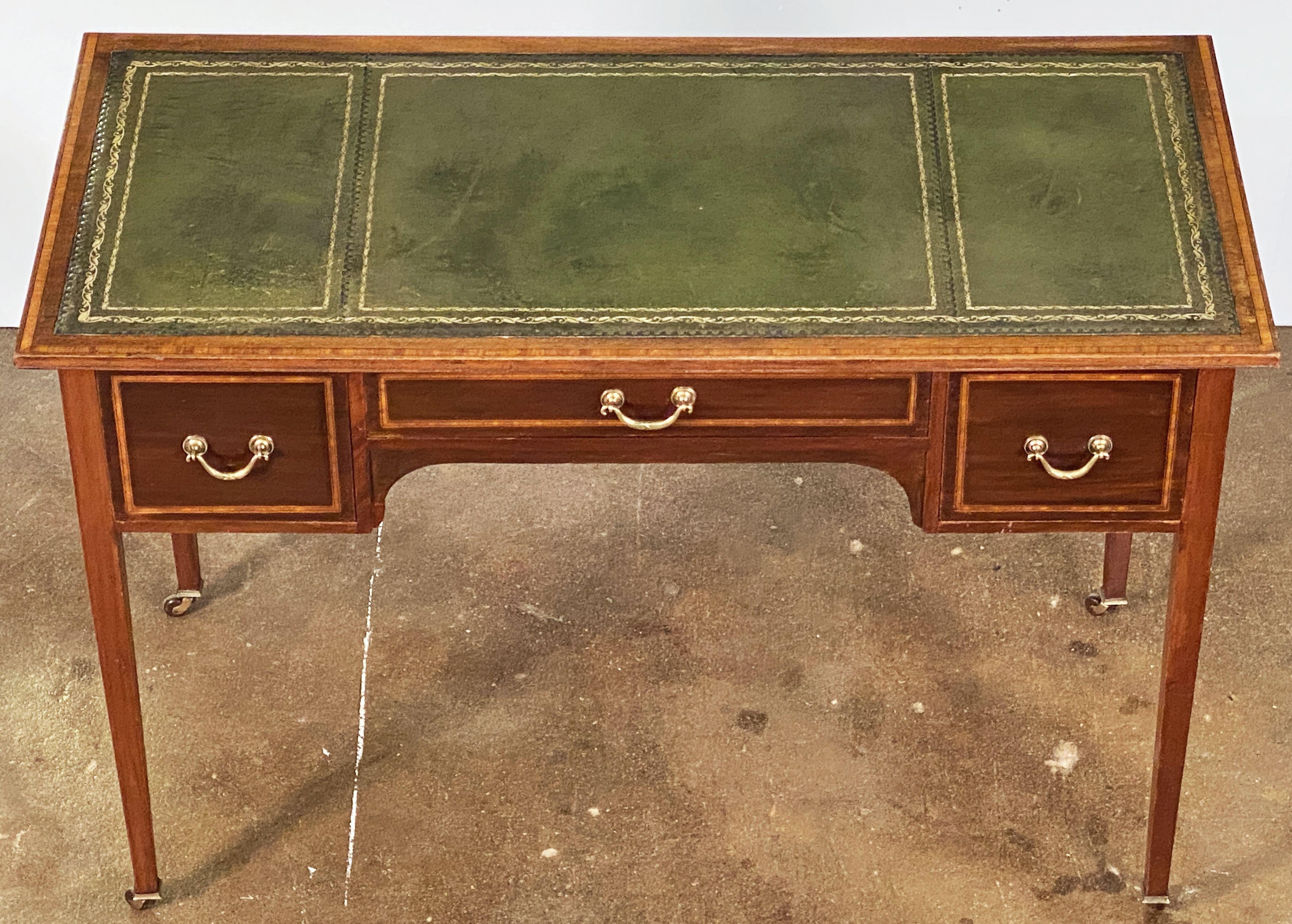 Metal English Writing Table or Desk of Inlaid Mahogany with Embossed Leather Top