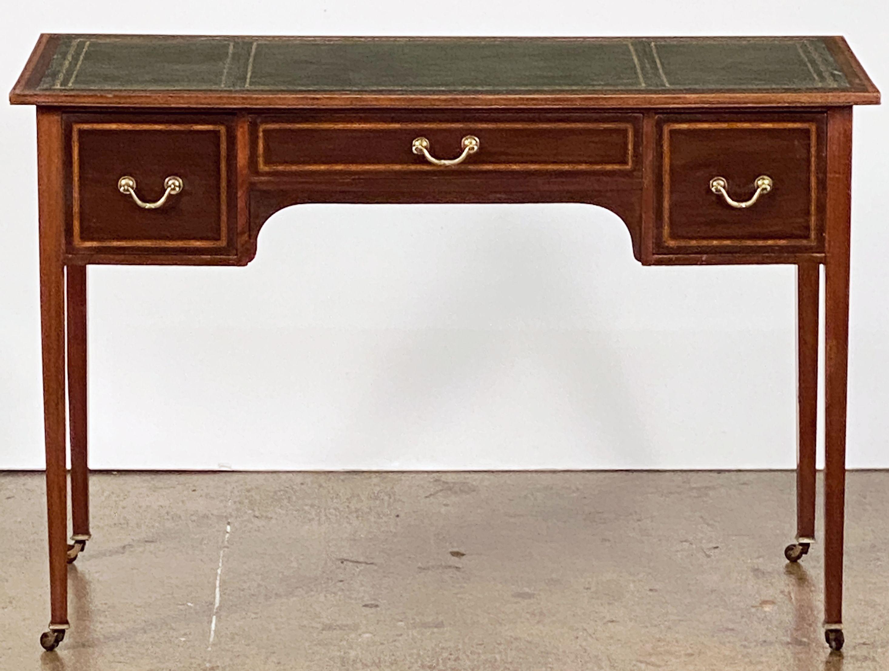 English Writing Table or Desk of Inlaid Mahogany with Embossed Leather Top 4