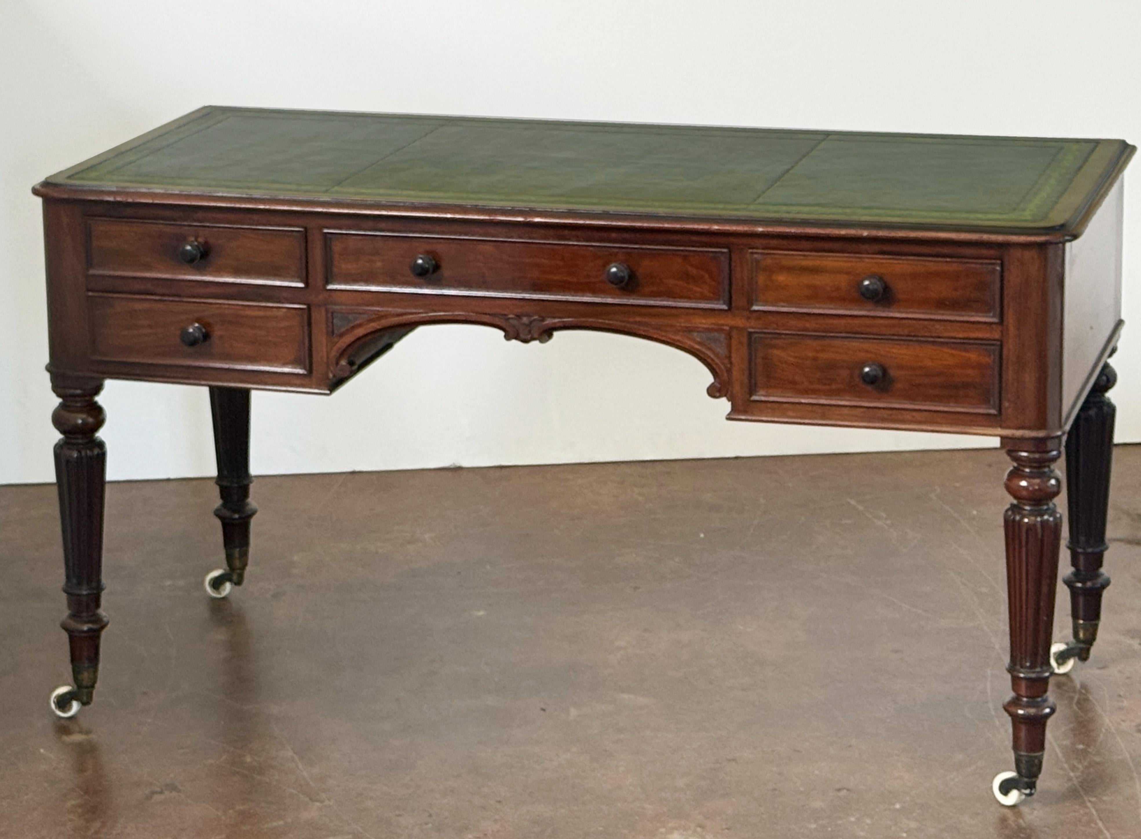 Embossed English Writing Table or Desk of Mahogany with Leather Top by Heal's of London For Sale