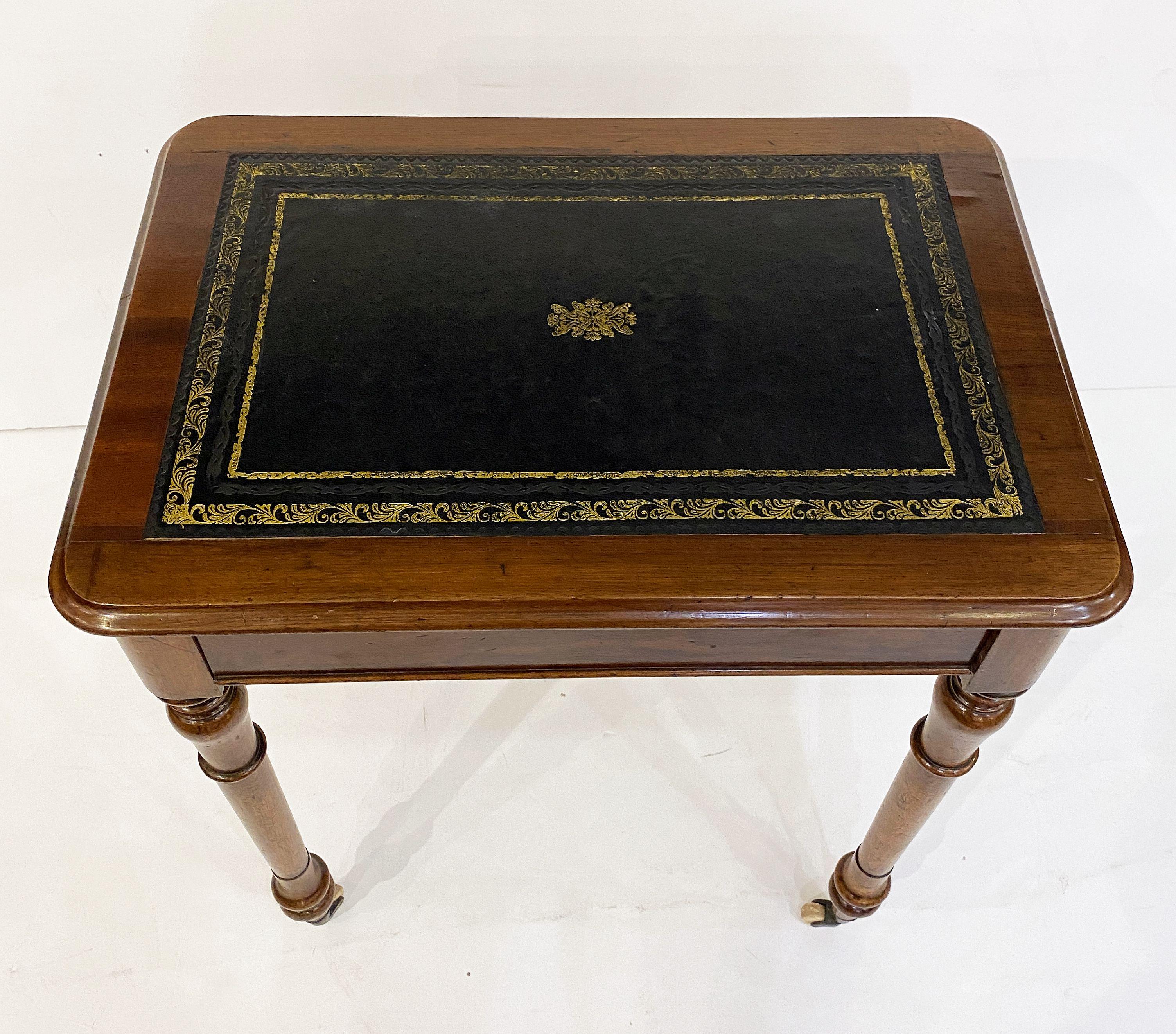Brass English Writing Table or Desk of Mahogany with Leather Top