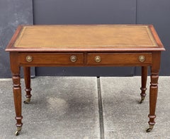 English Writing Table or Desk of Patinated Oak with Embossed Leather Top