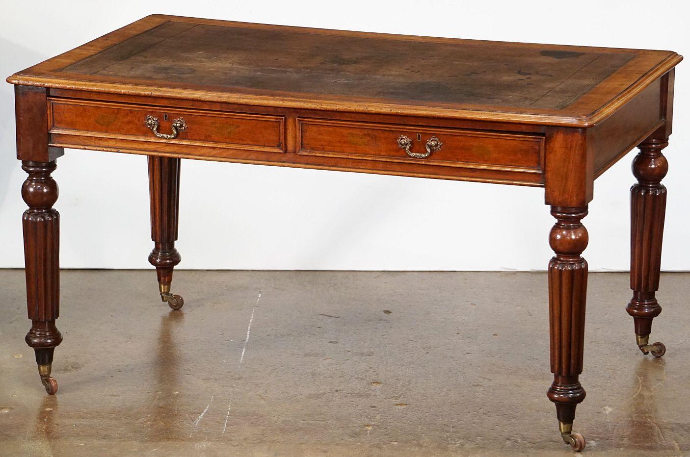 Turned English Writing Table or Desk with Embossed Leather Top in the William IV Style For Sale