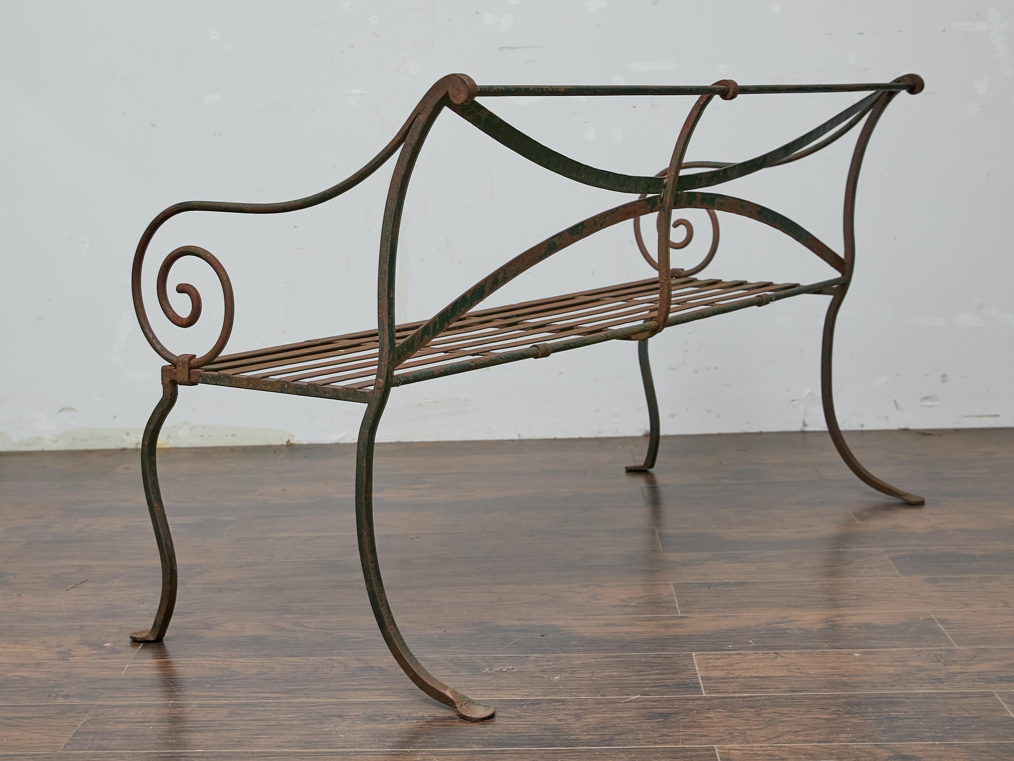 English Wrought Iron Garden Bench with Scroll Arms and X-Back, circa 1920 For Sale 5