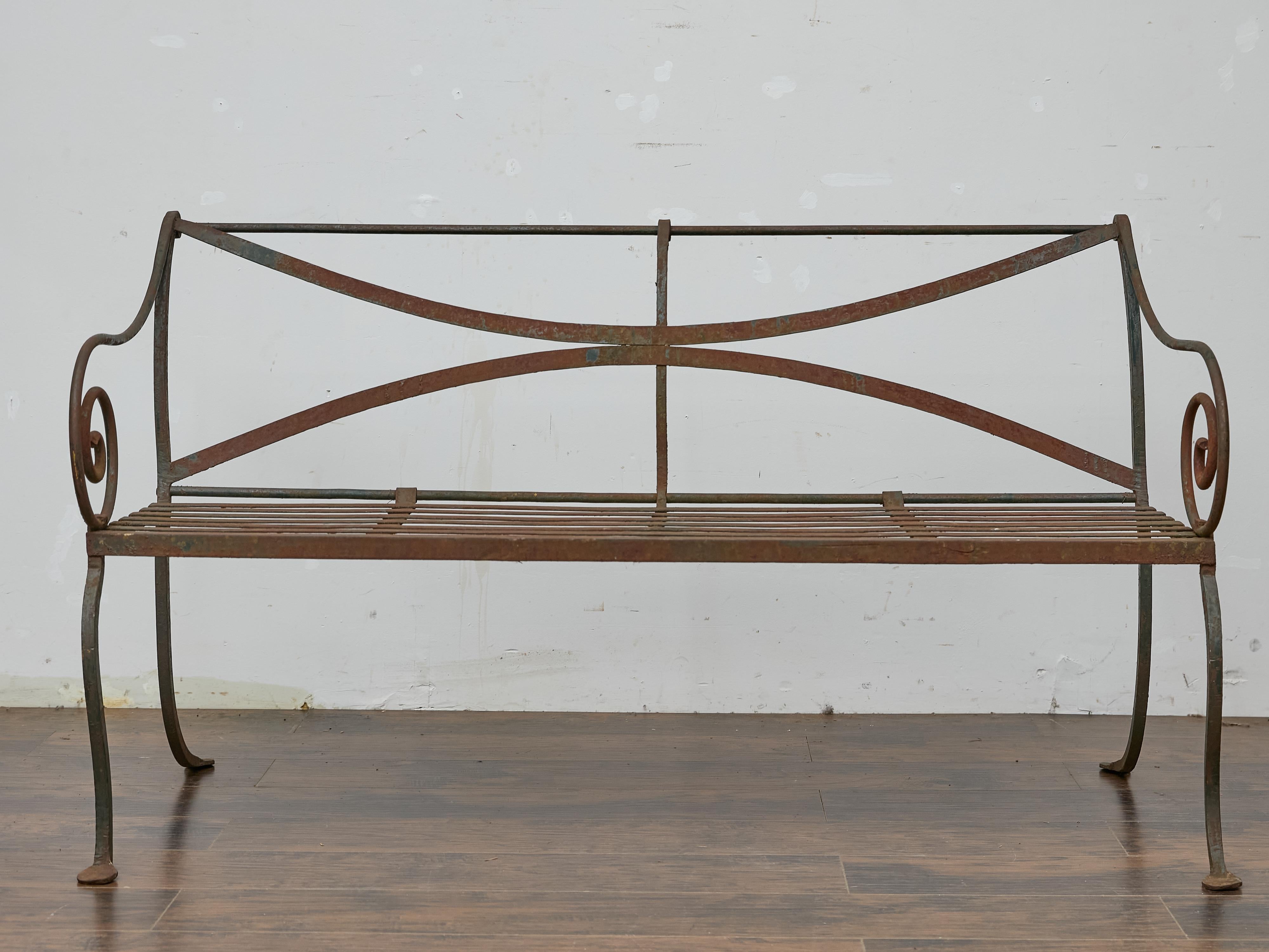 English Wrought Iron Garden Bench with Scroll Arms and X-Back, circa 1920 For Sale 7