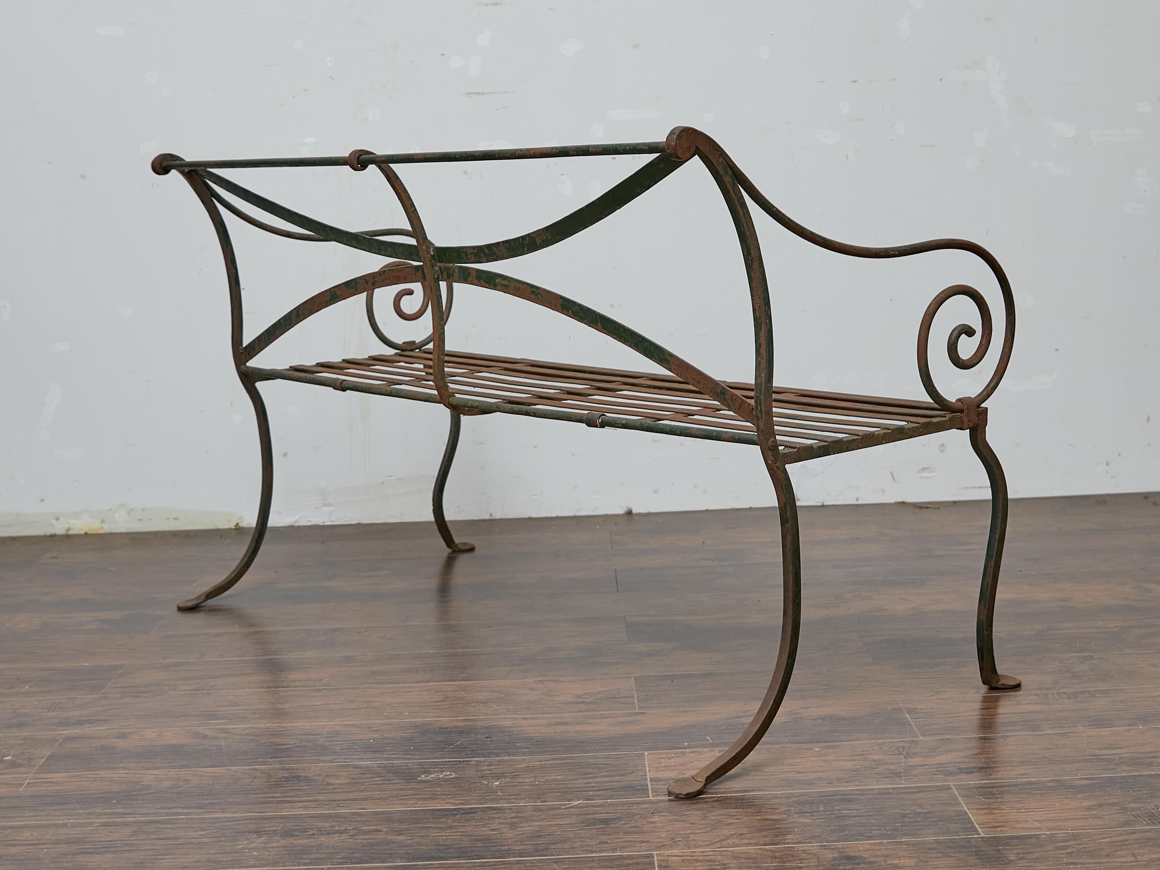 20th Century English Wrought Iron Garden Bench with Scroll Arms and X-Back, circa 1920 For Sale