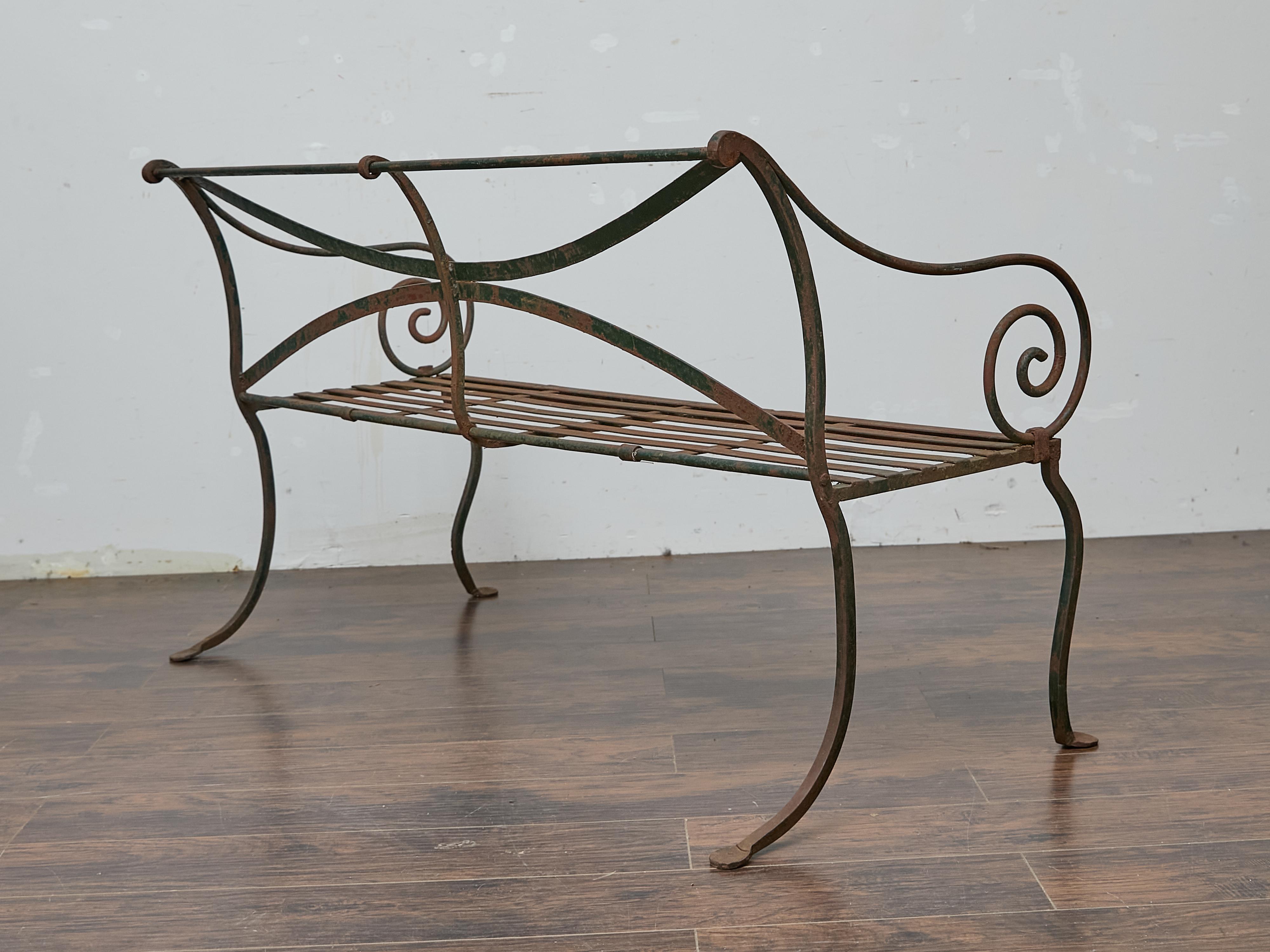 English Wrought Iron Garden Bench with Scroll Arms and X-Back, circa 1920 For Sale 1