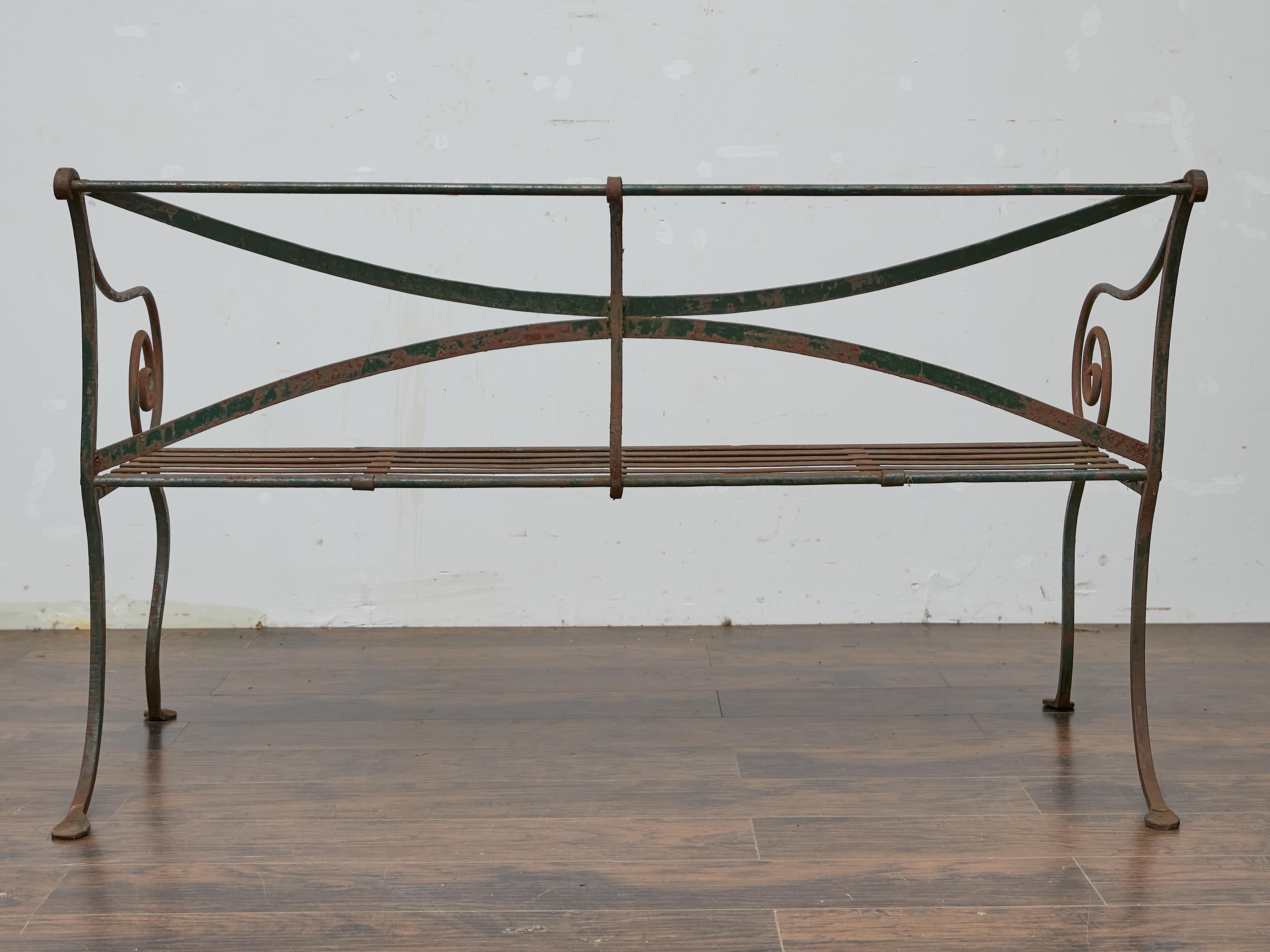English Wrought Iron Garden Bench with Scroll Arms and X-Back, circa 1920 For Sale 3