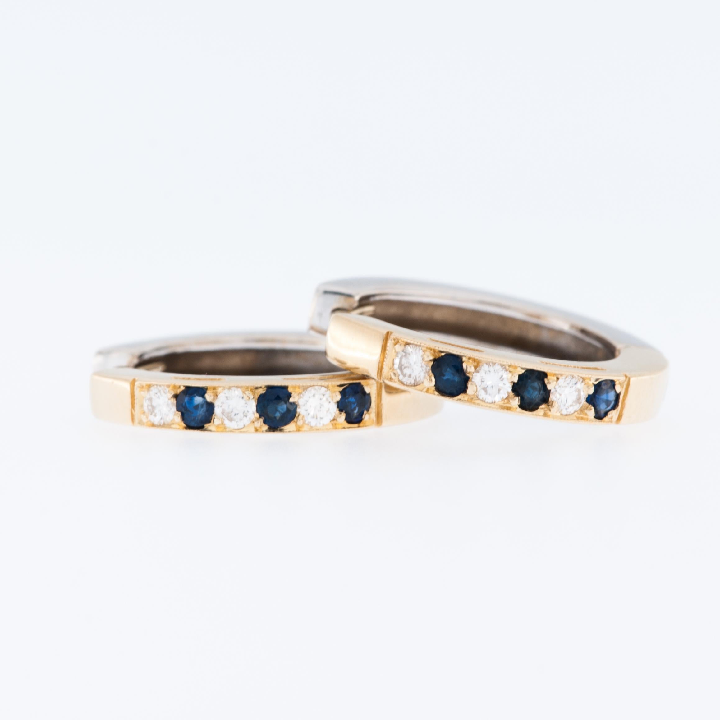 Modern English Yellow and White Gold Hoop Earrings with Diamonds and Sapphires For Sale