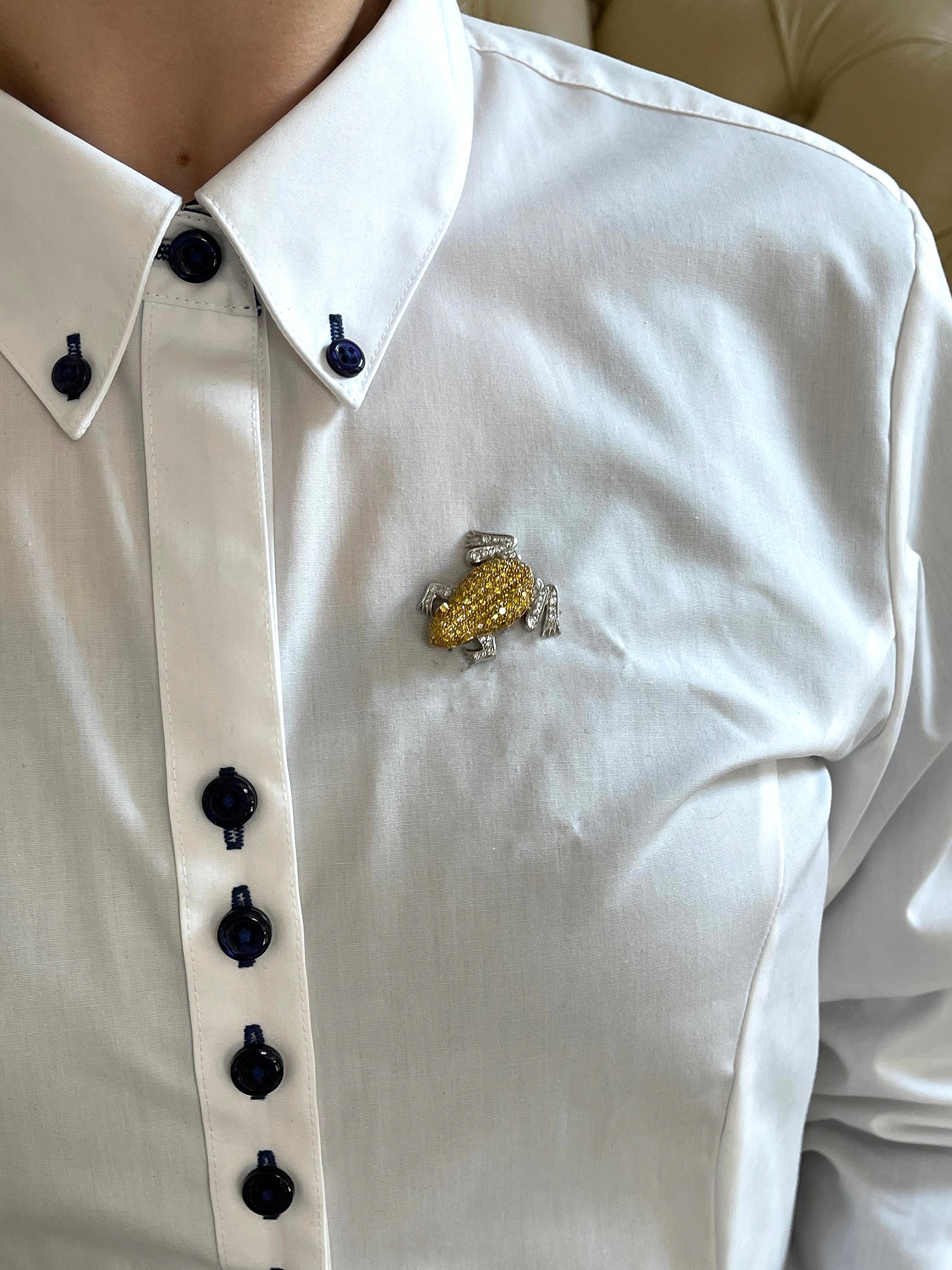 Round Cut English Yellow Sapphire Diamond Gold Frog Brooch Pin For Sale