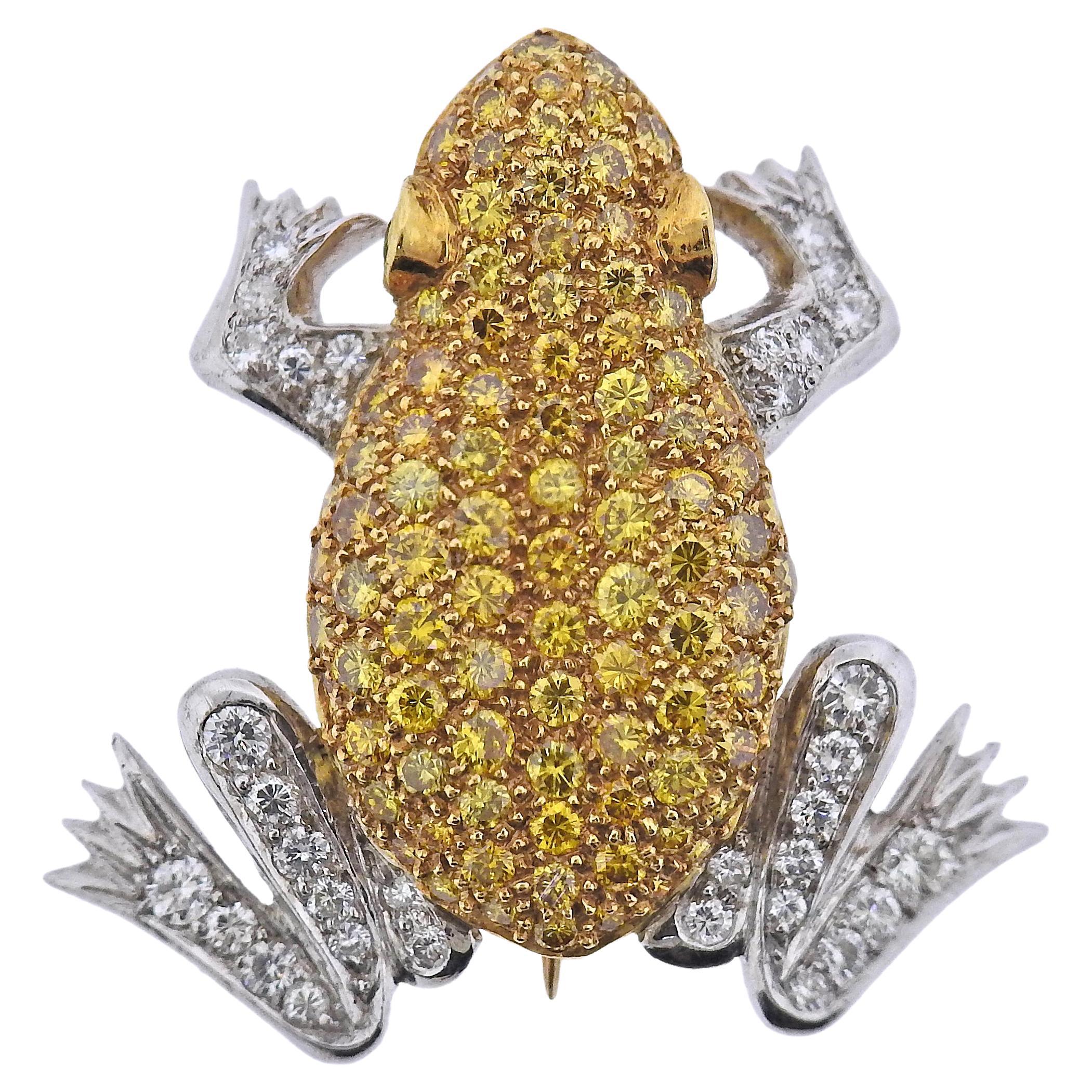 English Yellow Sapphire Diamond Gold Frog Brooch Pin For Sale