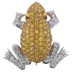 English Yellow Sapphire Diamond Gold Frog Brooch Pin