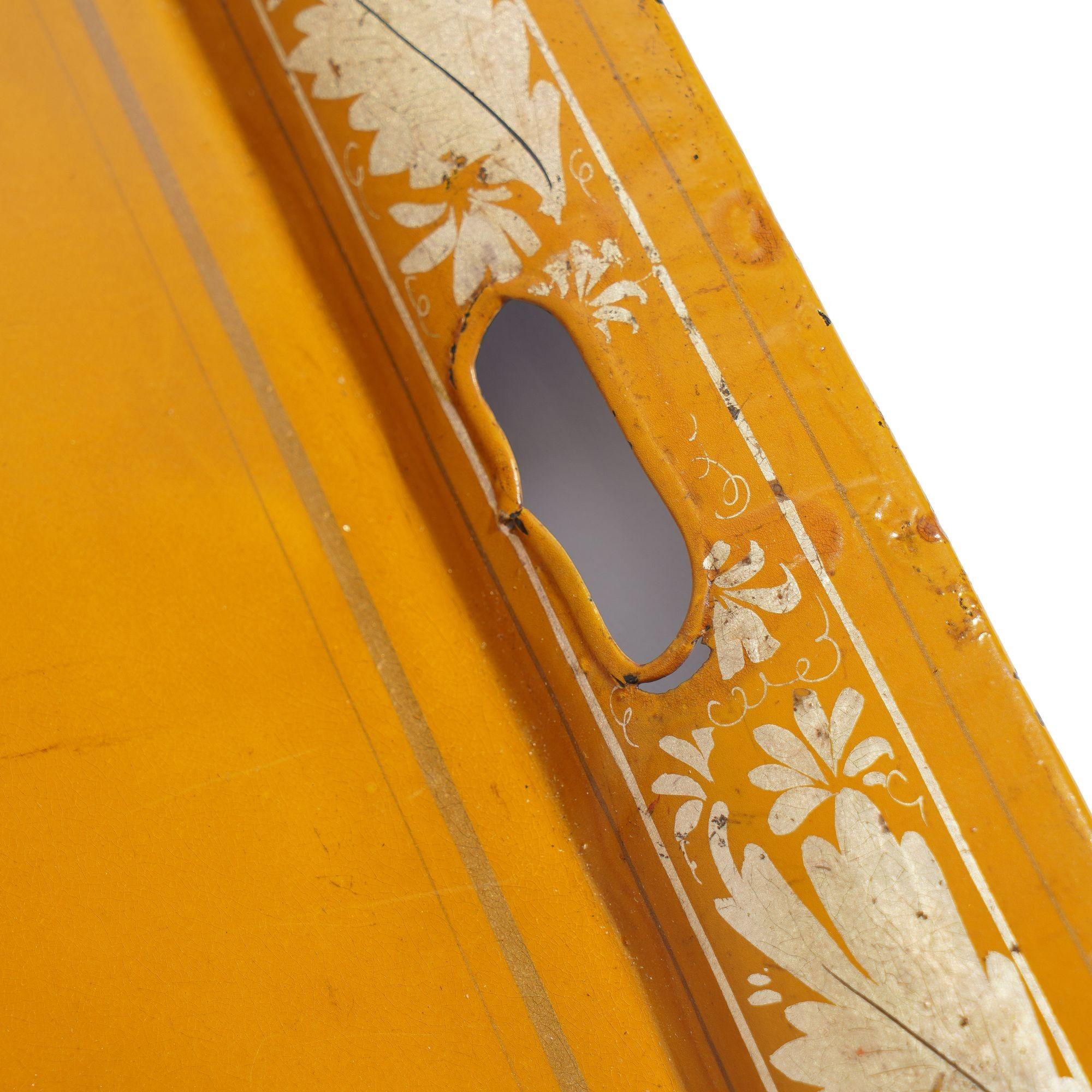English yellow tole tea tray centering on a tiger hunt, c. 1820 4