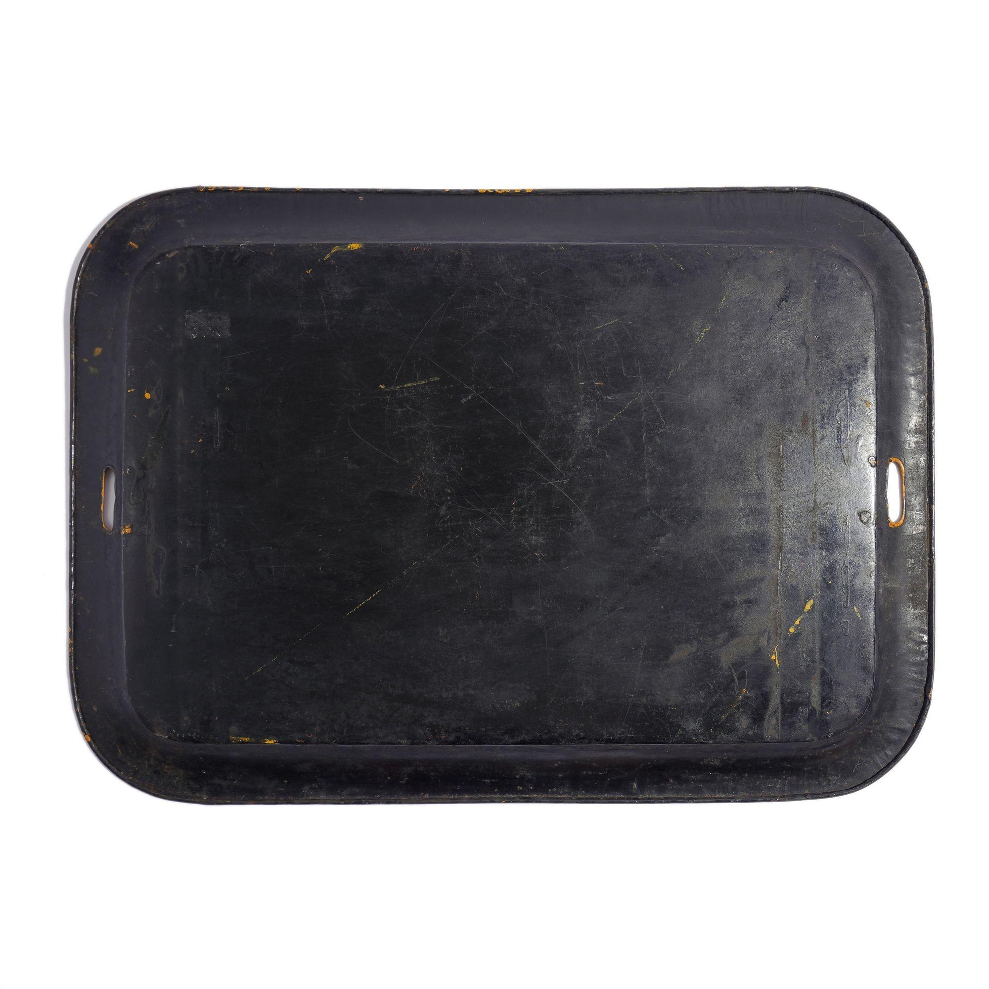 English yellow tole tea tray centering on a tiger hunt, c. 1820 6