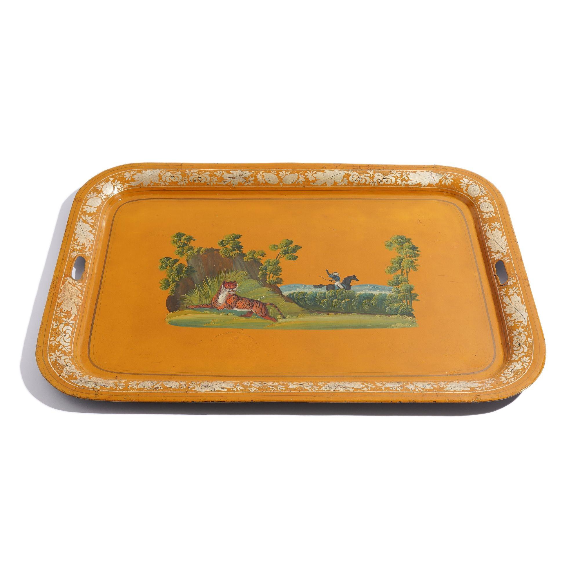 Large English tole tea tray decorated in a rare yellow ground, centering on a hand painted scene of an Indian tiger hunt from an unidentified English sporting print in vivid greens, orange, and brown. The shallow rolled rim is decorated with a leafy