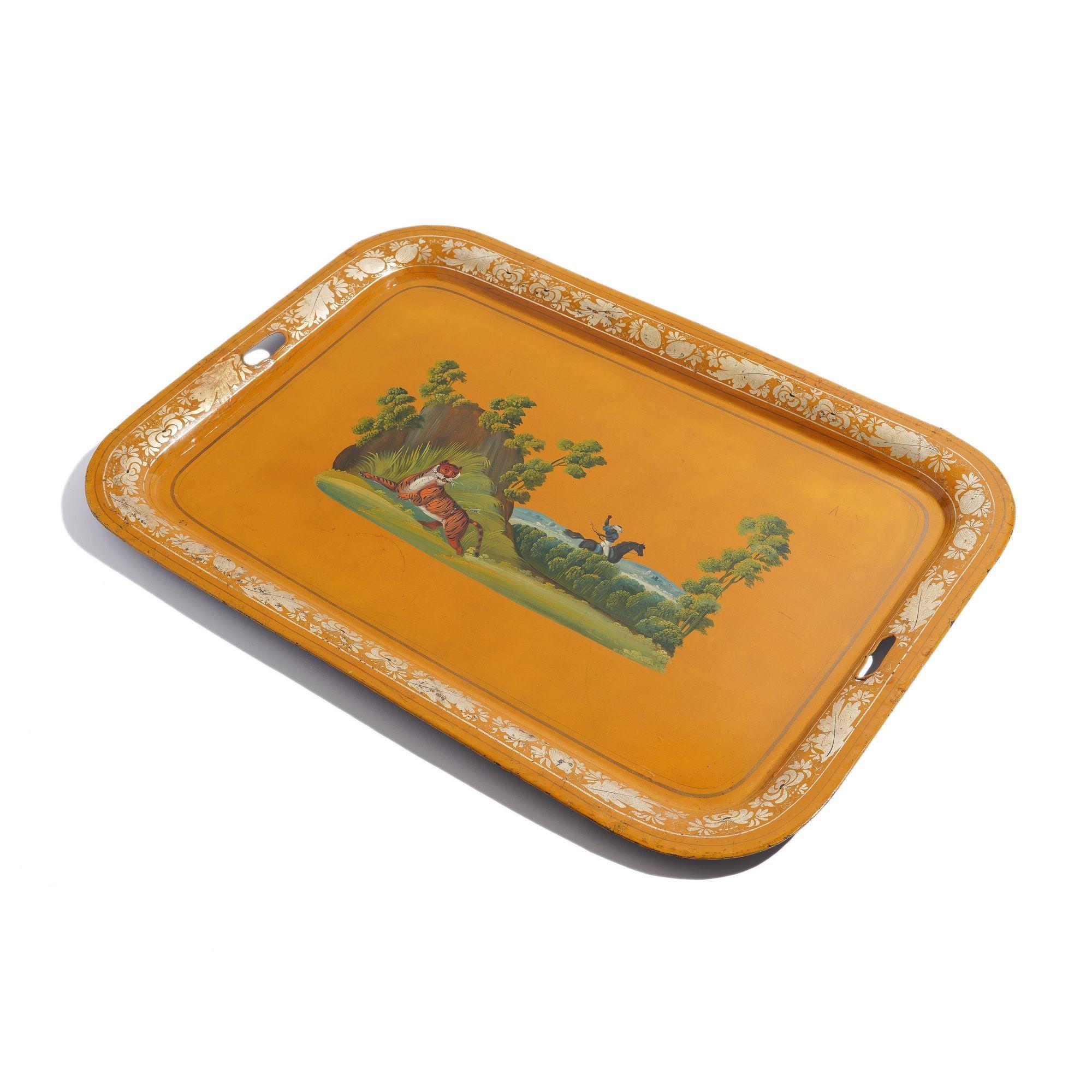 British English yellow tole tea tray centering on a tiger hunt, c. 1820