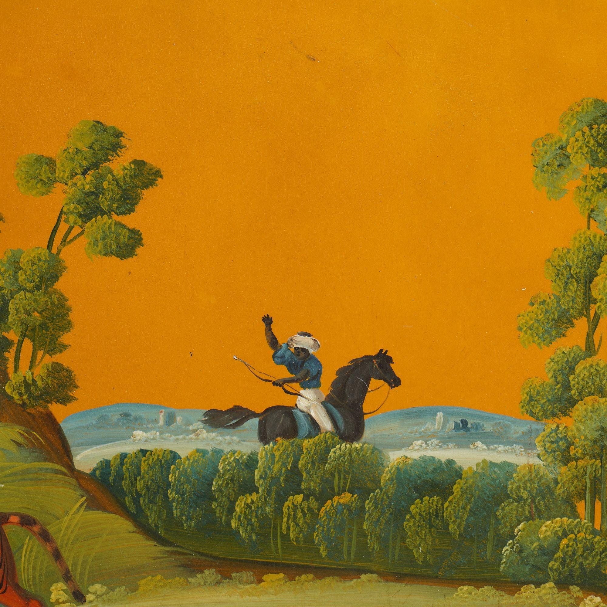 19th Century English yellow tole tea tray centering on a tiger hunt, c. 1820