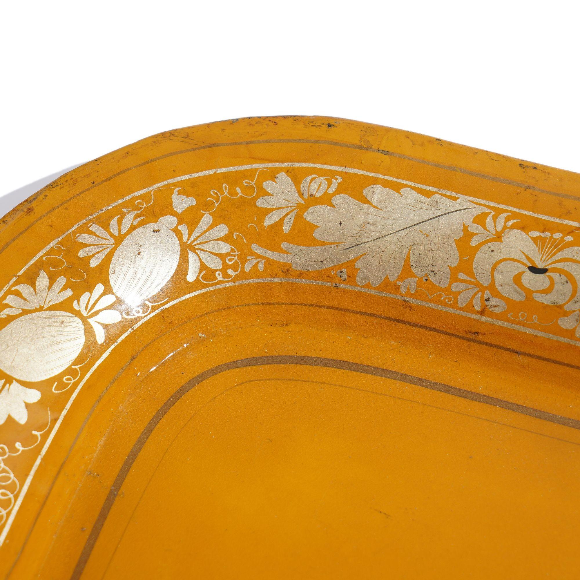 Enamel English yellow tole tea tray centering on a tiger hunt, c. 1820